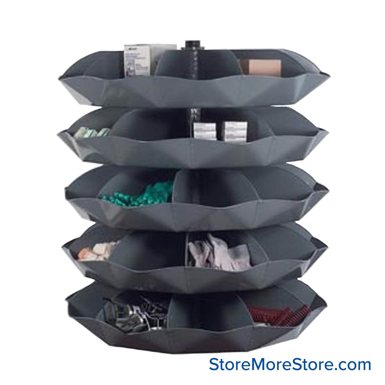 Rotating Hardware Bin, 58" W x 58" D x 66" H, 5 Revolving Shelves, 10 Compartments Per Shelf