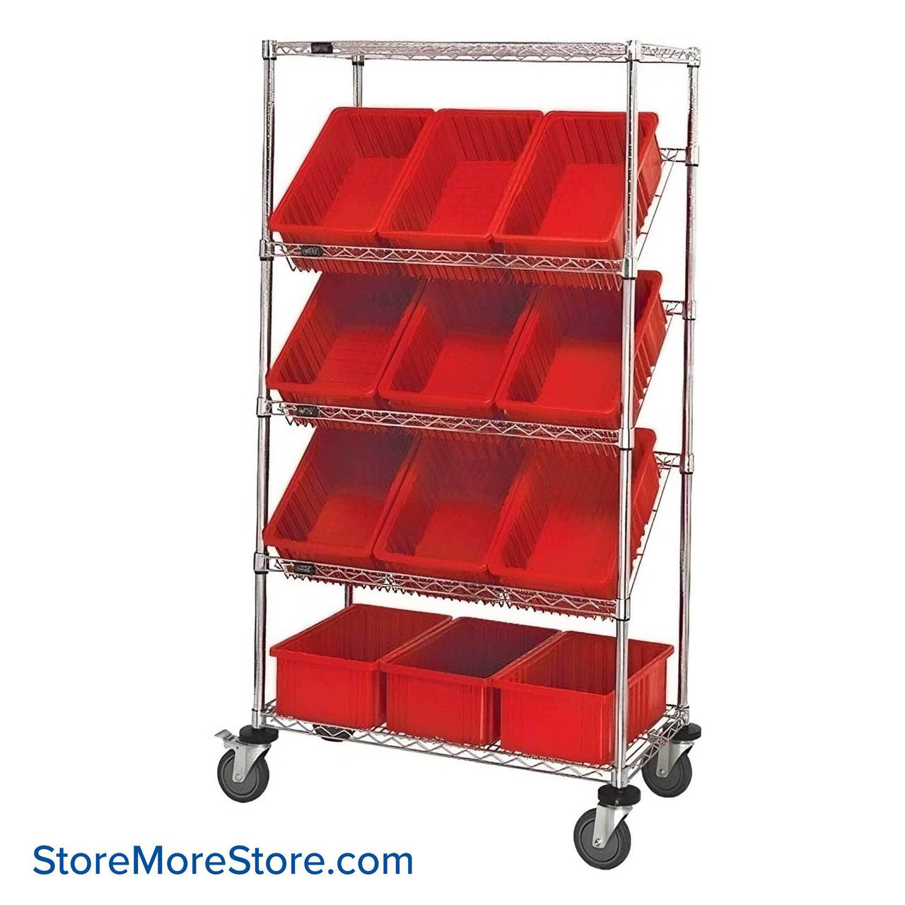 Angled Bin Storage, 36" W x 18" D x 63" H, 12 Bins at 10.875"W x 16.5"D x 8"H, Red, Without Casters