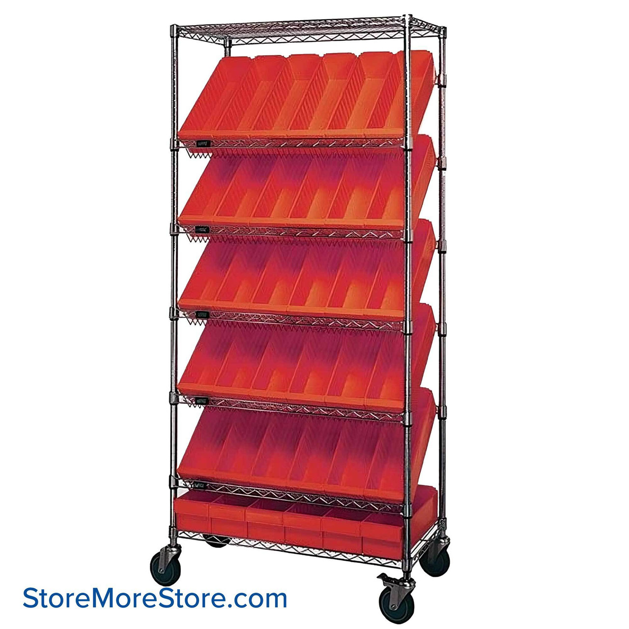 Angled Bin Storage, 36" W x 18" D x 74" H, 18 Bins at 8.375"W x 17.625"D x 5"H, Red, Without Casters
