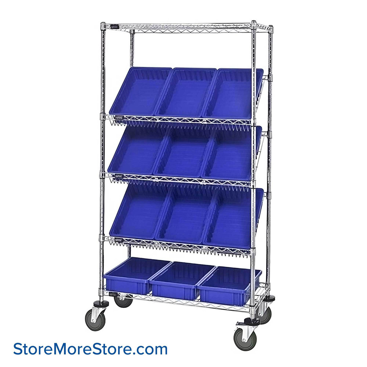 Angled Bin Storage, 36" W x 18" D x 63" H, 12 Bins at 10.875"W x 16.5"D x 4"H, Blue, Without Casters
