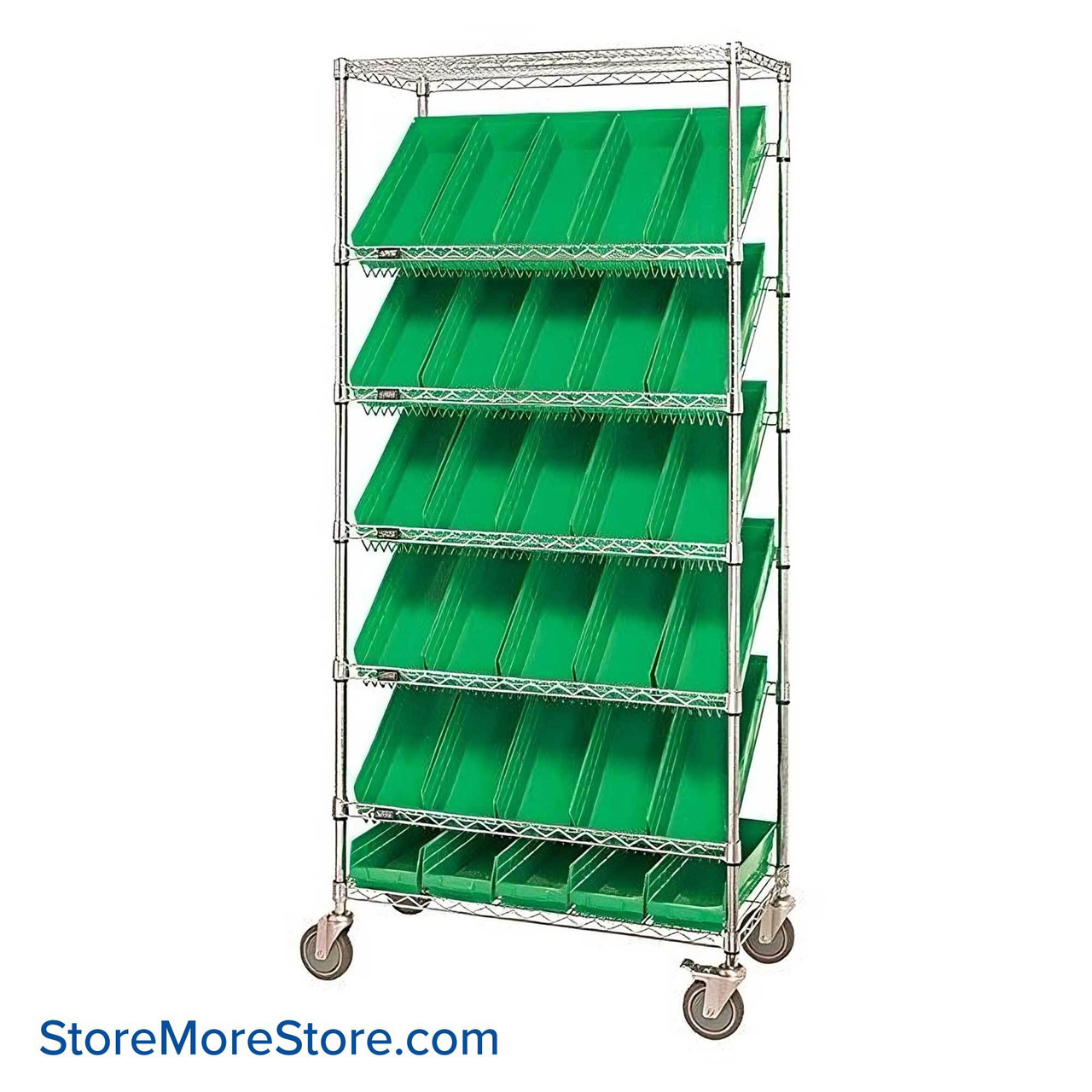 Angled Bin Storage, 36" W x 18" D x 74" H, 18 Bins at 11.125"W x 17.875"D x 4"H, Green, Includes Casters