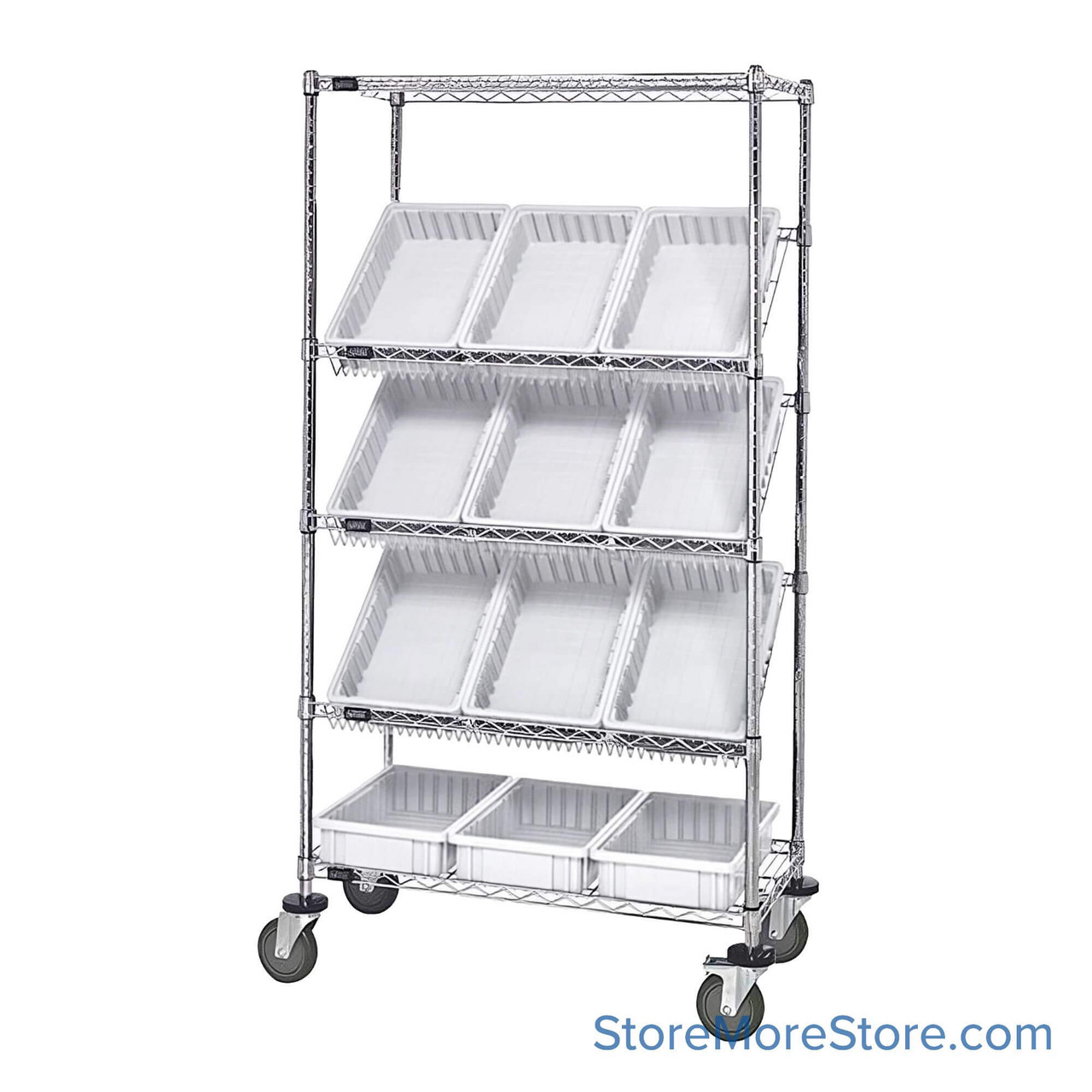 Angled Bin Storage, 36" W x 18" D x 63" H, 12 Bins at 10.875"W x 16.5"D x 4"H, Clear, Without Casters