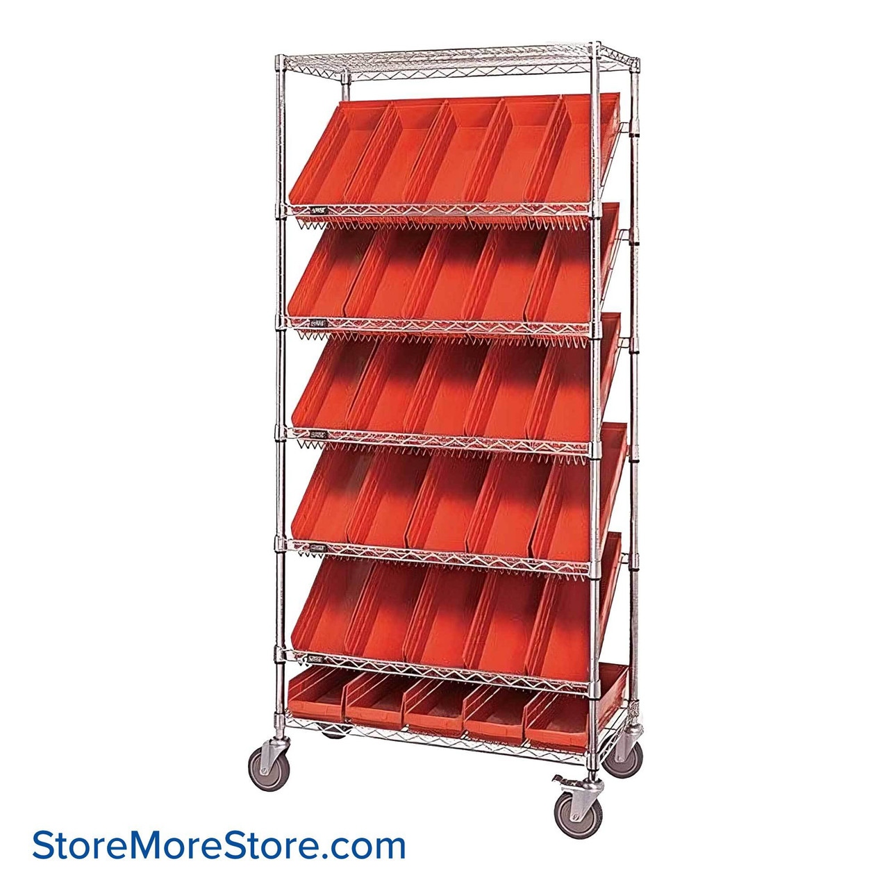 Angled Bin Storage, 36" W x 18" D x 74" H, 30 Bins at 6.625"W x 17.875"D x 4"H, Red, Without Casters