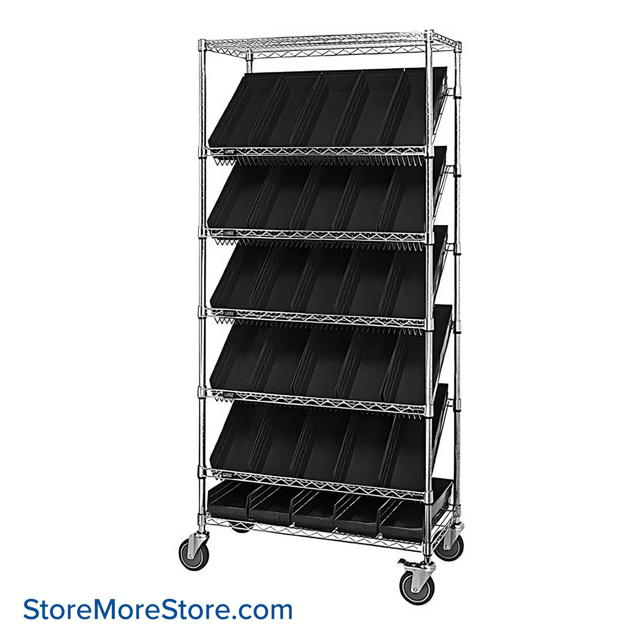Angled Bin Storage, 36" W x 18" D x 74" H, 24 Bins at 8.375"W x 17.875"D x 7"H, Black, Includes Casters