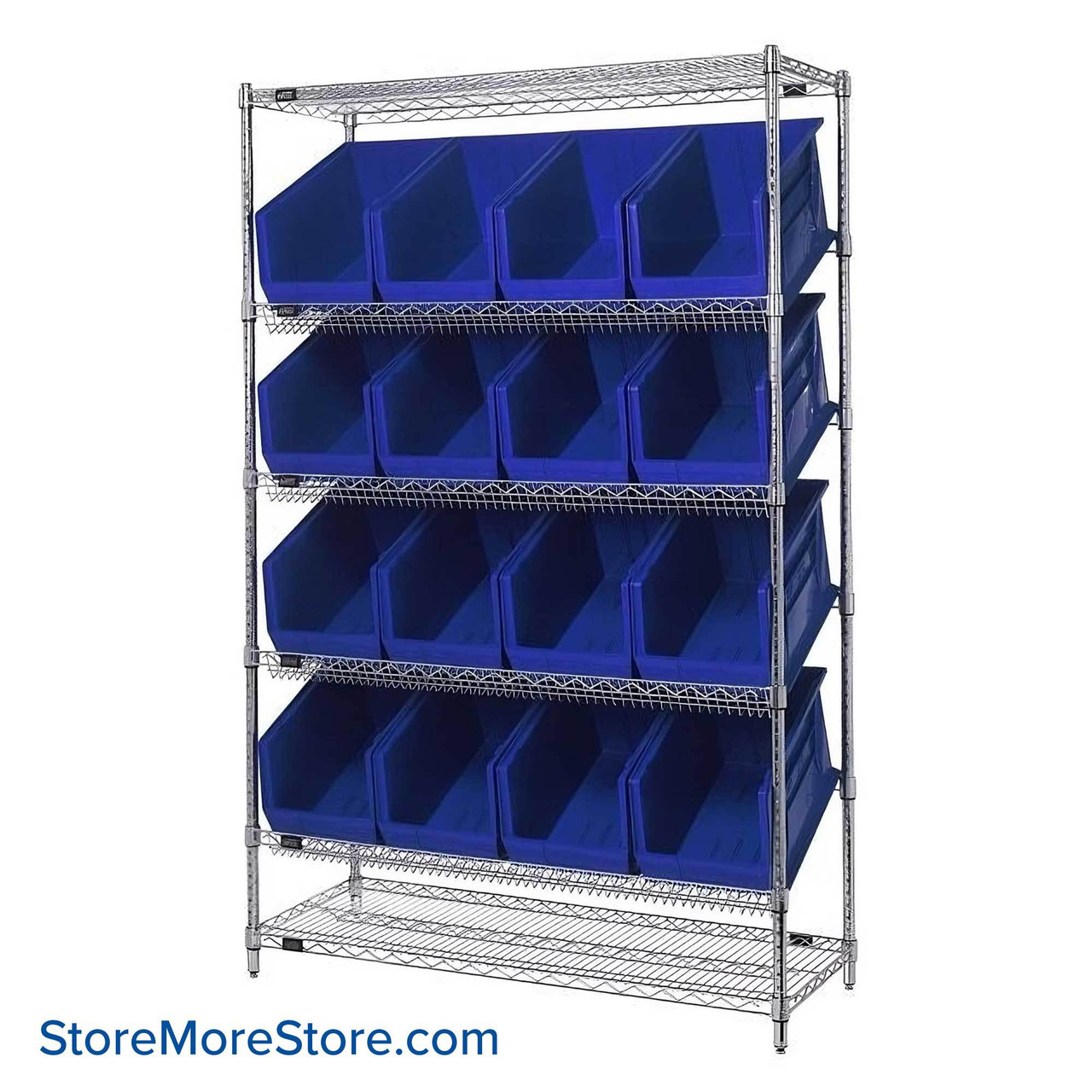 Angled Bin Storage, 48" W x 18" D x 74" H, 16 Bins at 11"W x 18"D x 10"H, Blue, Without Casters