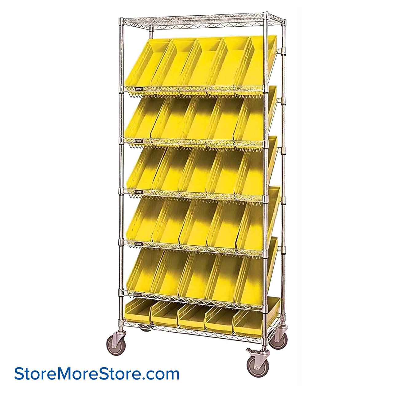 Angled Bin Storage, 36" W x 18" D x 74" H, 30 Bins at 6.625"W x 17.875"D x 4"H, Yellow, Without Casters