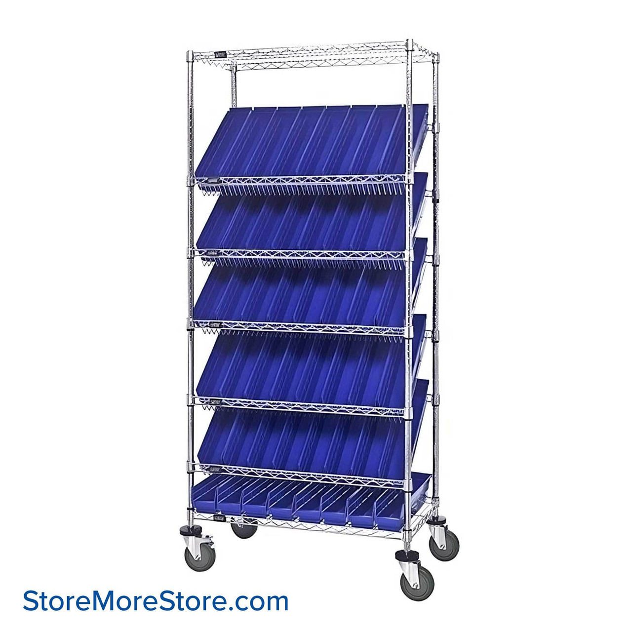 Angled Bin Storage, 36" W x 18" D x 74" H, 48 Bins at 4.125"W x 17.125"D x 4"H, Blue, Includes Casters