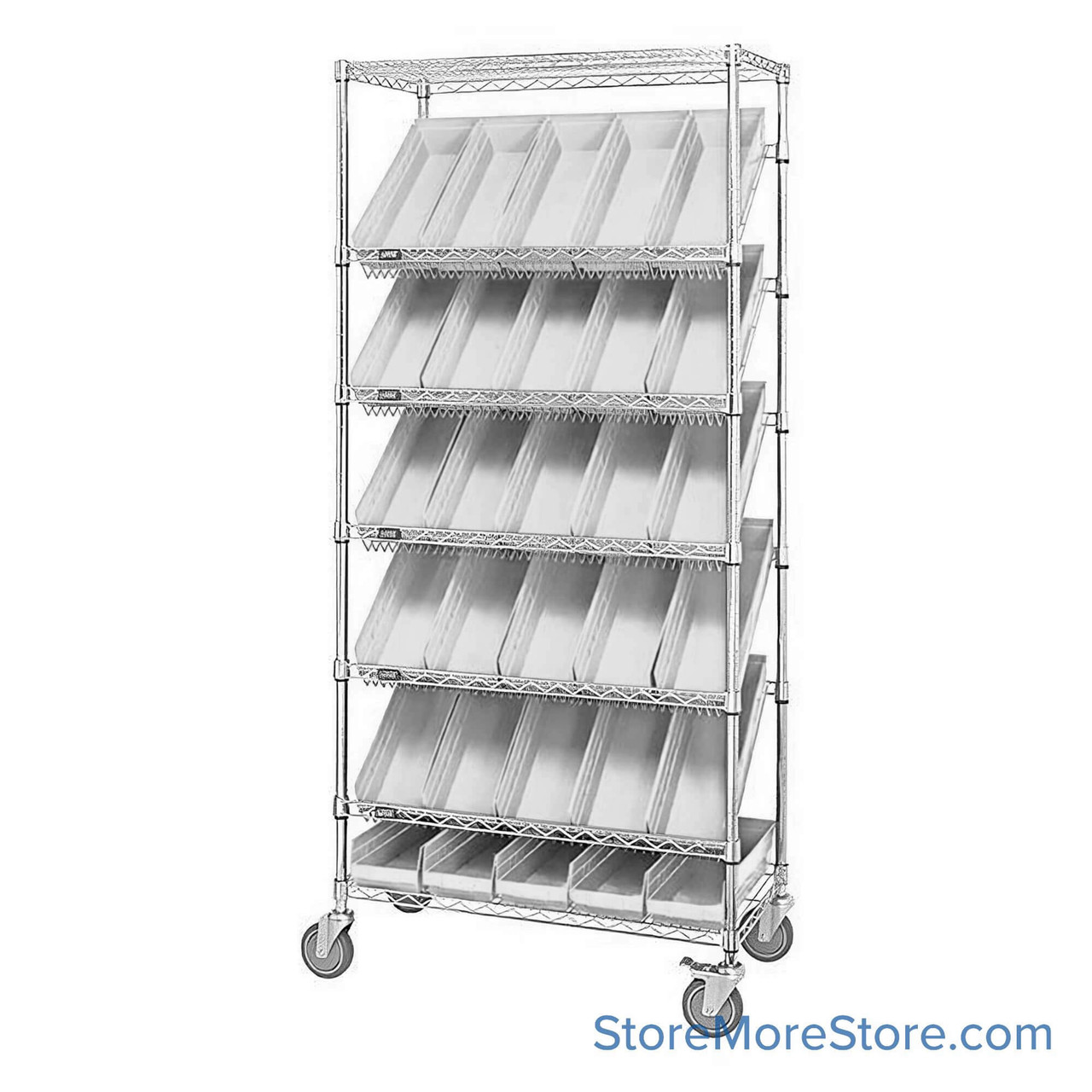 Angled Bin Storage, 36" W x 18" D x 74" H, 24 Bins at 8.375"W x 17.875"D x 7"H, Clear, Without Casters