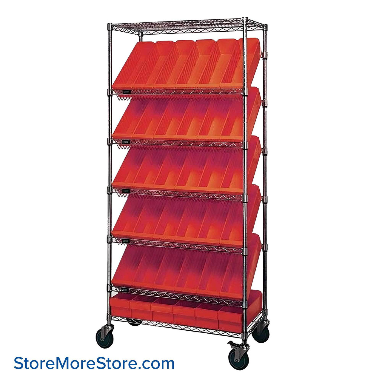 Angled Bin Storage, 36" W x 18" D x 74" H, 30 Bins at 5-4/7"W x 17.625"D x 5"H, Red, Without Casters