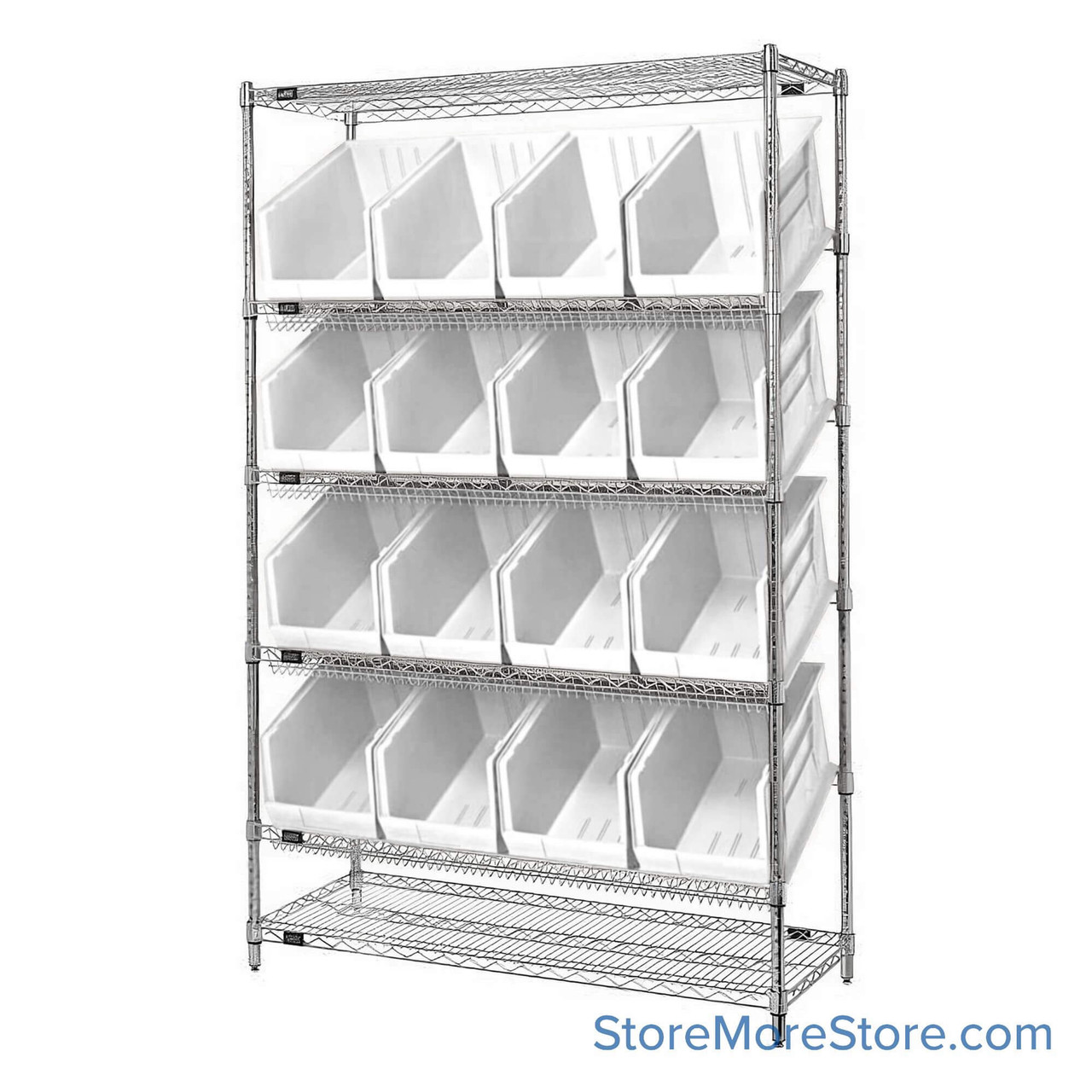 Angled Bin Storage, 48" W x 18" D x 74" H, 16 Bins at 11"W x 18"D x 10"H, Clear, Includes Casters