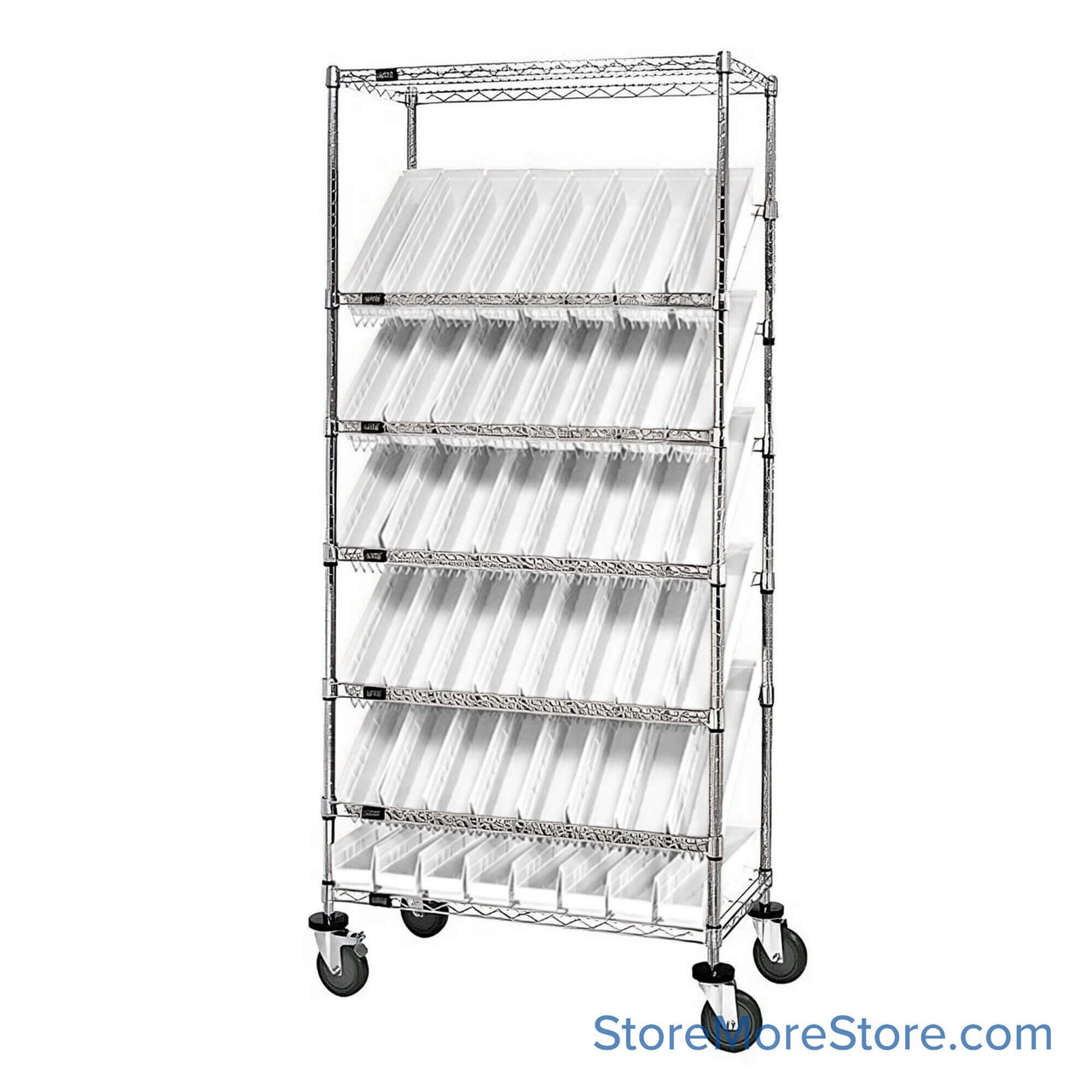 Angled Bin Storage, 36" W x 18" D x 74" H, 48 Bins at 4.125"W x 17.125"D x 4"H, Clear, Includes Casters