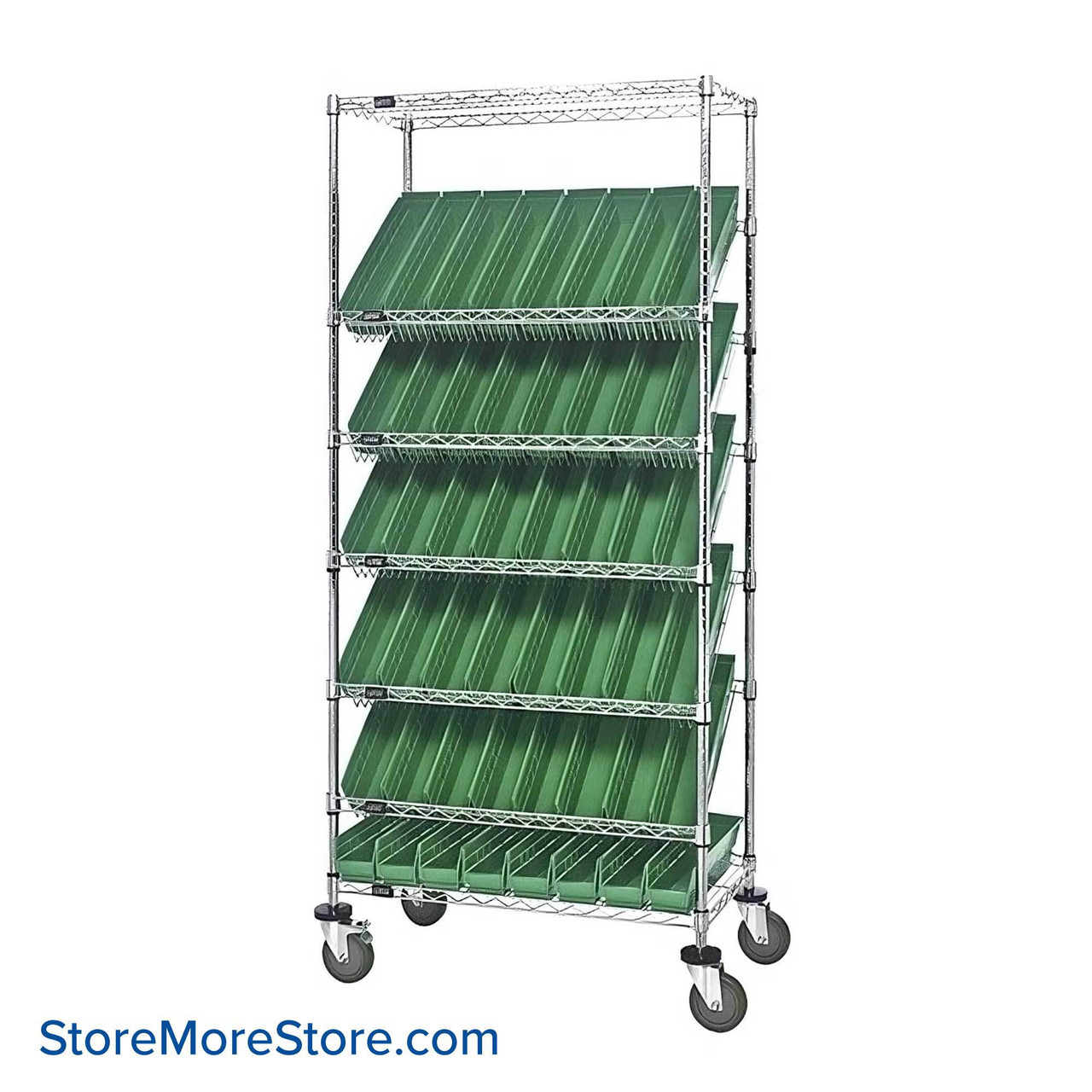 Angled Bin Storage, 36" W x 18" D x 74" H, 48 Bins at 4.125"W x 17.125"D x 4"H, Green, Without Casters