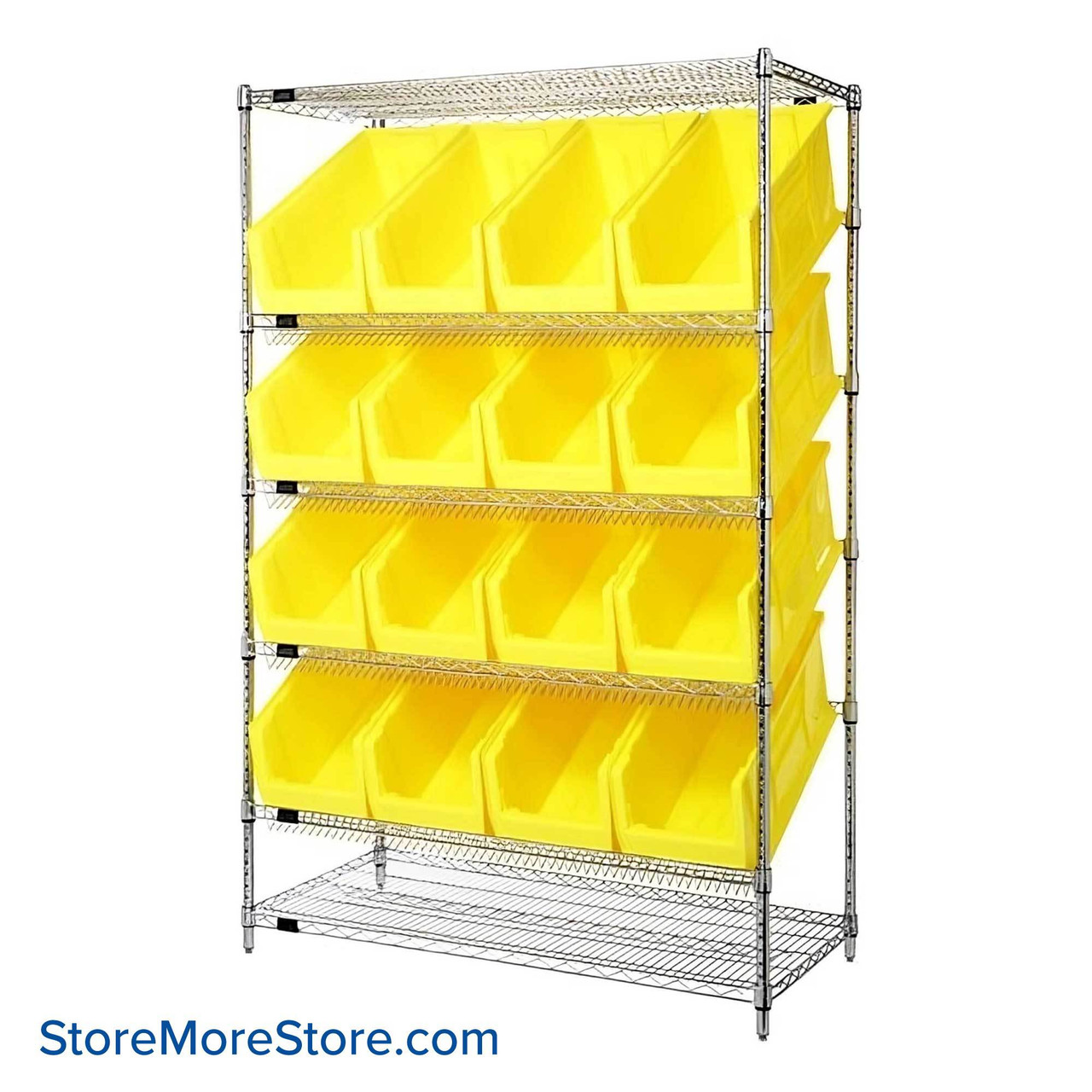 Angled Bin Storage, 48" W x 24" D x 74" H, 16 Bins at 11"W x 23.875"D x 10"H, Yellow, Without Casters