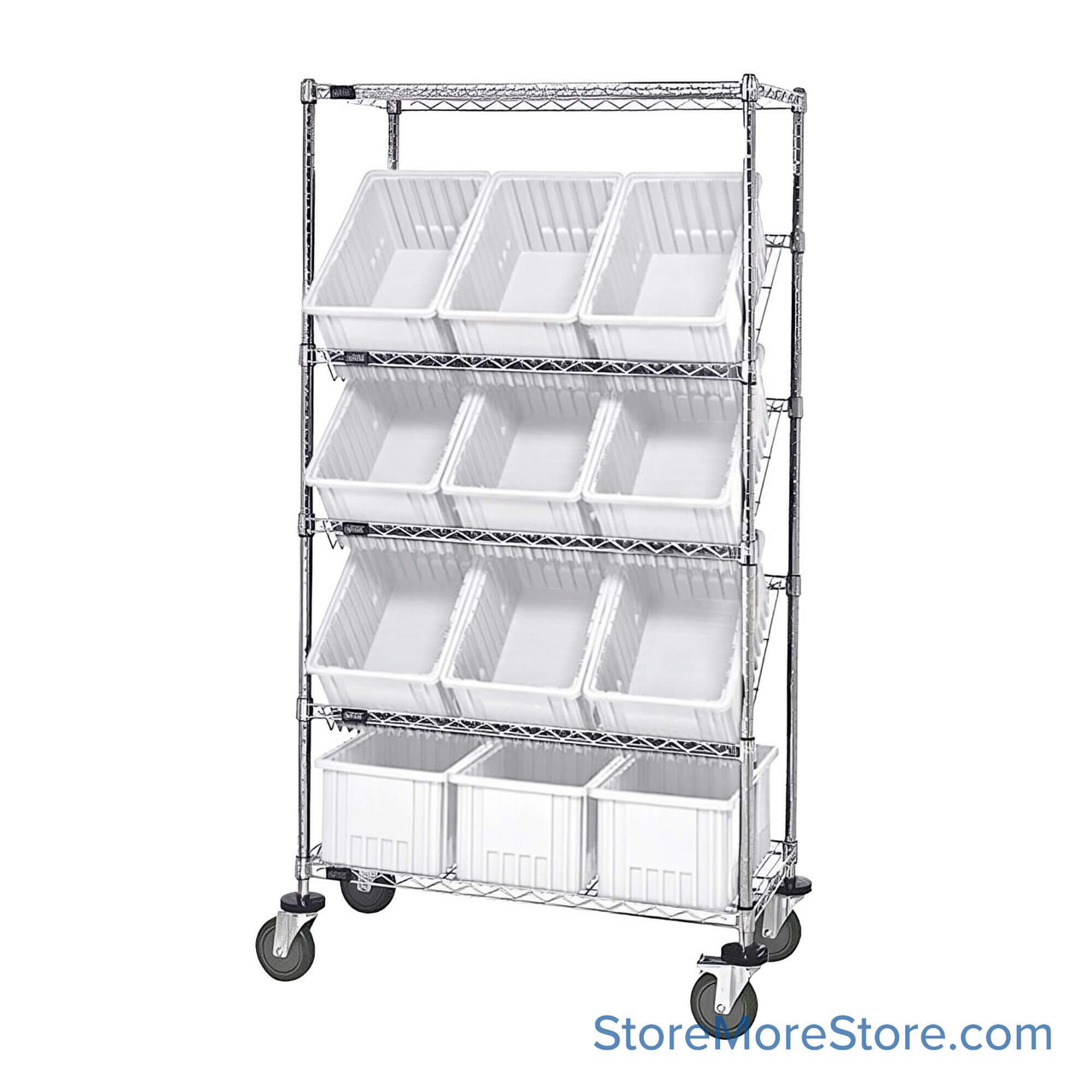 Angled Bin Storage, 36" W x 18" D x 63" H, 12 Bins at 10.875"W x 16.5"D x 8"H, Clear, Without Casters