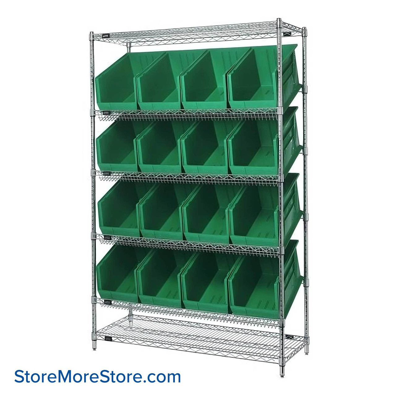Angled Bin Storage, 48" W x 18" D x 74" H, 16 Bins at 11"W x 18"D x 10"H, Green, Includes Casters