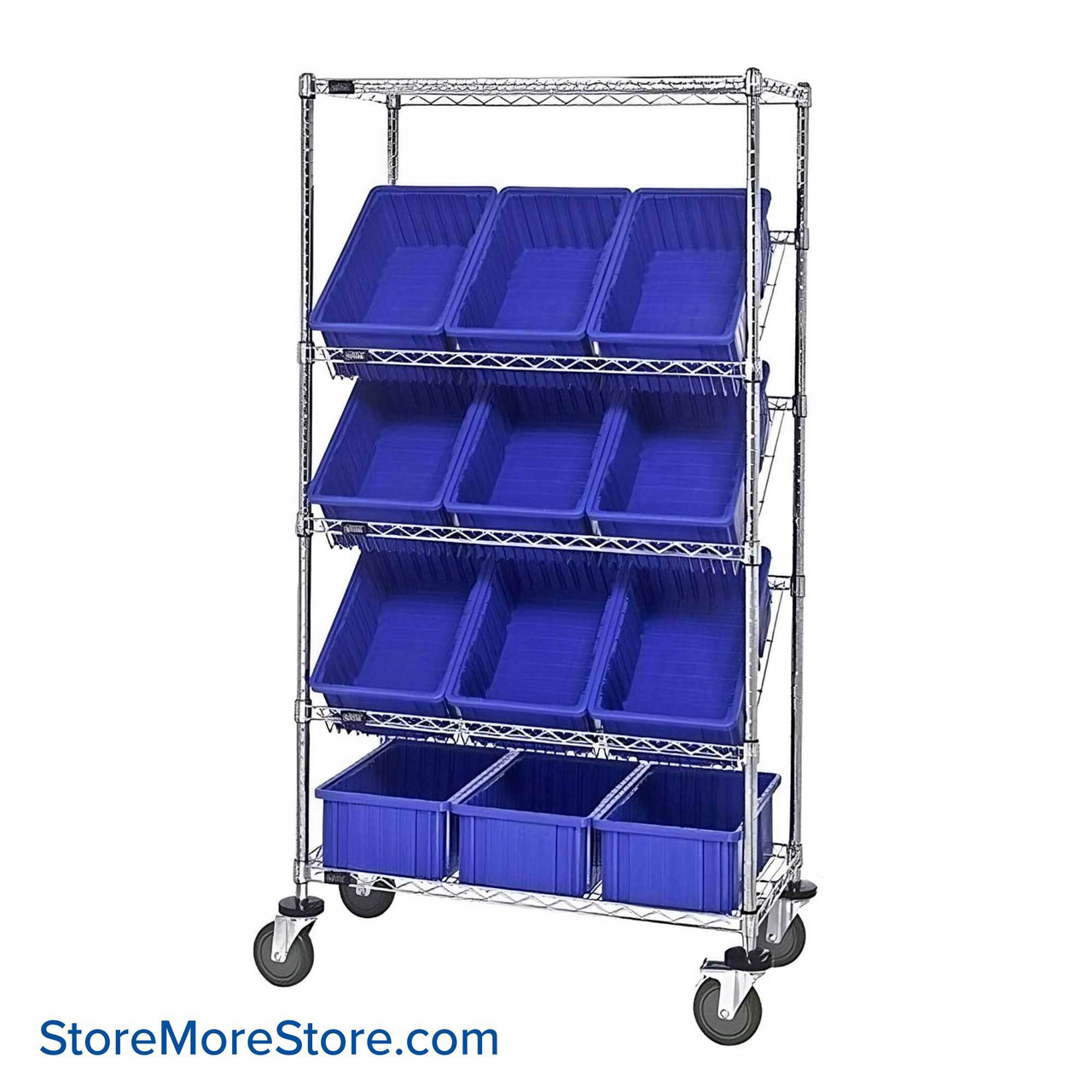 Angled Bin Storage, 36" W x 18" D x 63" H, 12 Bins at 10.875"W x 16.5"D x 6"H, Blue, Includes Casters