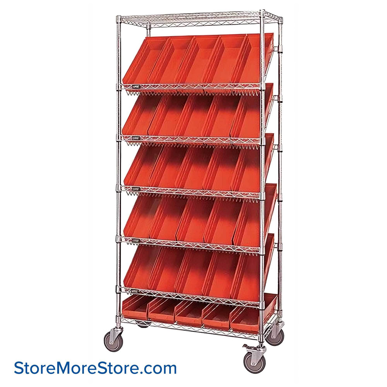 Angled Bin Storage, 36" W x 18" D x 74" H, 24 Bins at 8.375"W x 17.875"D x 7"H, Red, Includes Casters