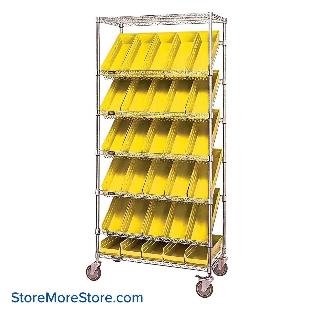 Angled Bin Storage, 36" W x 18" D x 74" H, 24 Bins at 8.375"W x 17.875"D x 7"H, Yellow, Without Casters