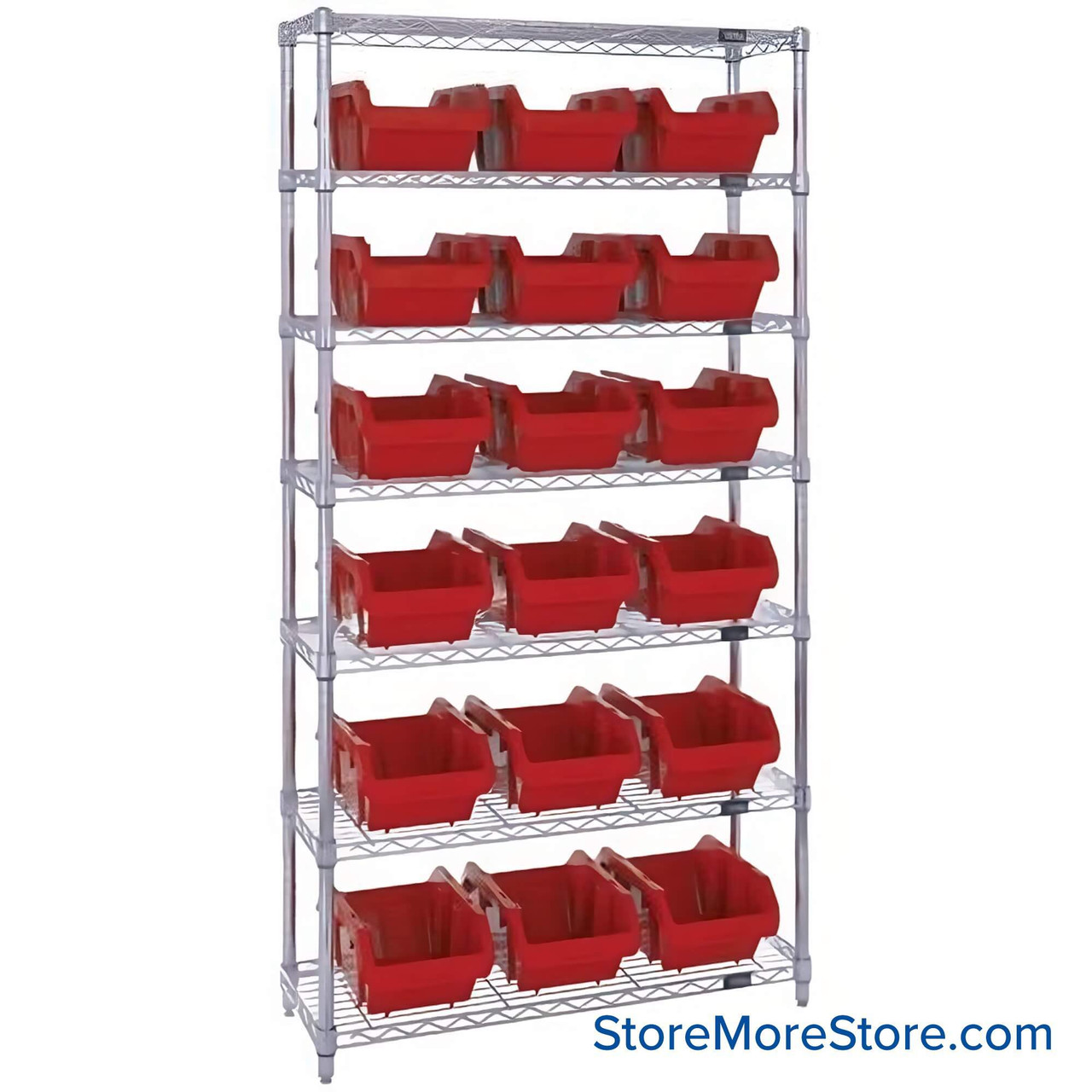 Double Sided Bin Rack, 18 Bins, 9.25"W x 14"D x 6.5"H Bin Dims, Red, Without Casters