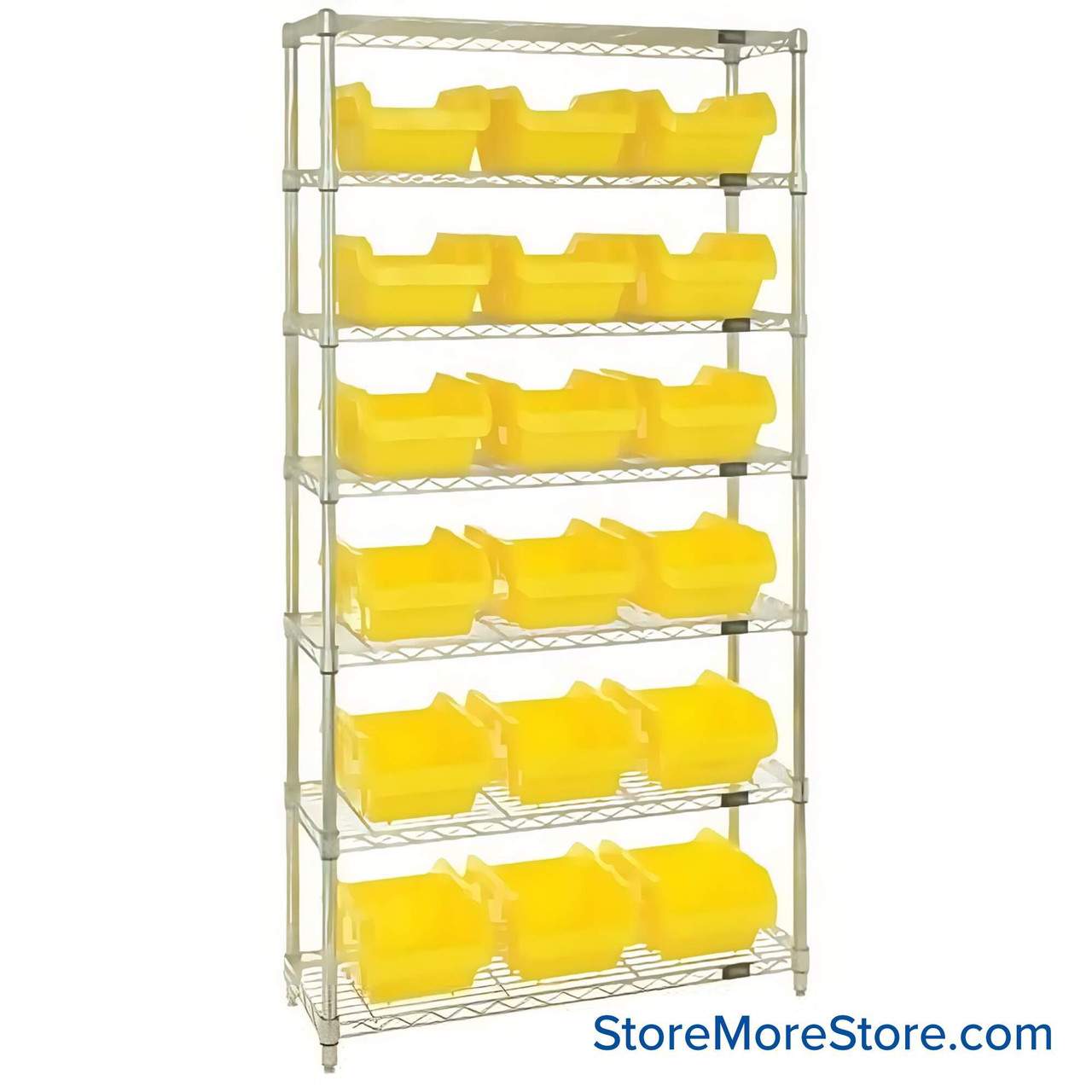Double Sided Bin Rack, 18 Bins, 9.25"W x 14"D x 6.5"H Bin Dims, Yellow, Without Casters
