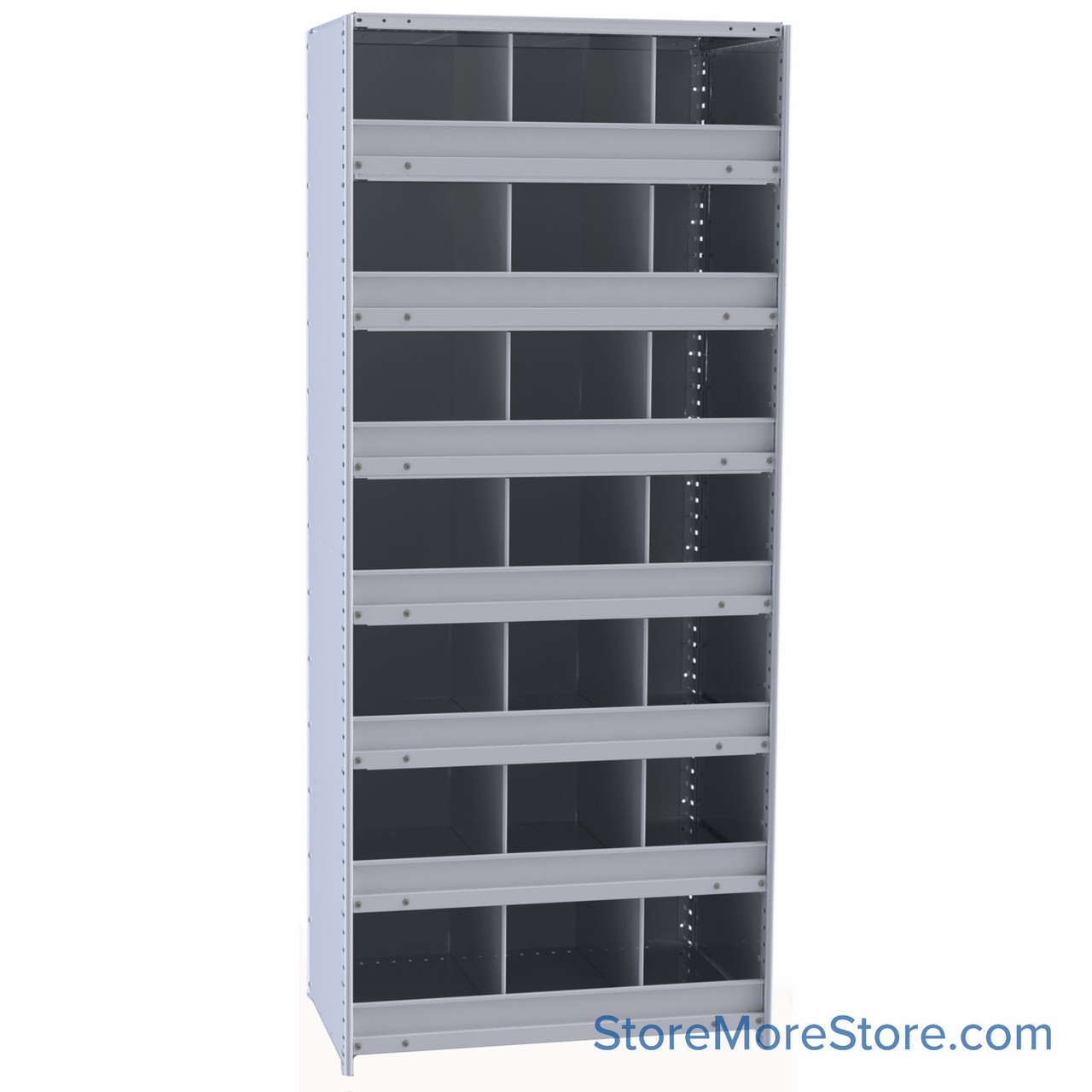 Bin Storage Rack, 36" W x 18" D x 87" H, 3" Bin Fronts, (21) 12" x 12" Openings, No Doors
