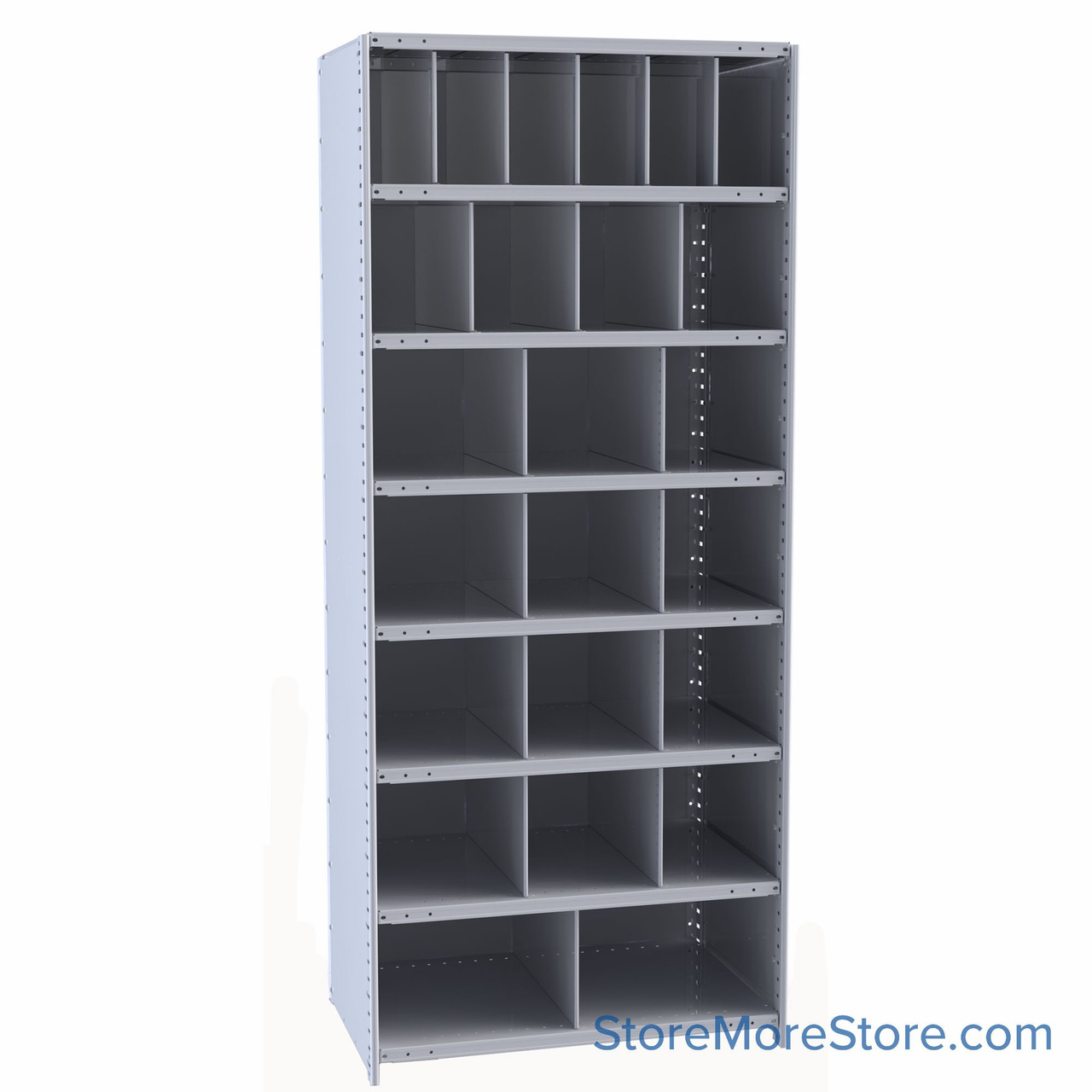 Bin Storage Rack, 36" W x 12" D x 87" H, No Bin Fronts, (24) 6@ 6" x 12", 4@ 9" x 12", 12@ 12" x 12", 2@ 18" x 12" Openings, No Doors