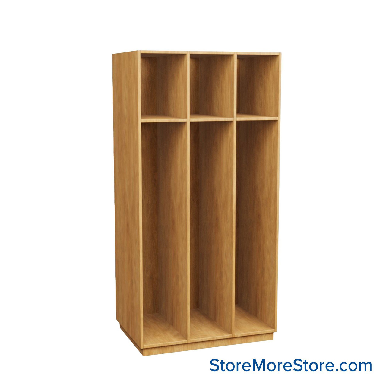 Wooden Storage Locker, 36" W x 24" D x 72.25" H, 12" Locker Width, 3 Lockers, 1 Upper Shelf, No Lower Shelf