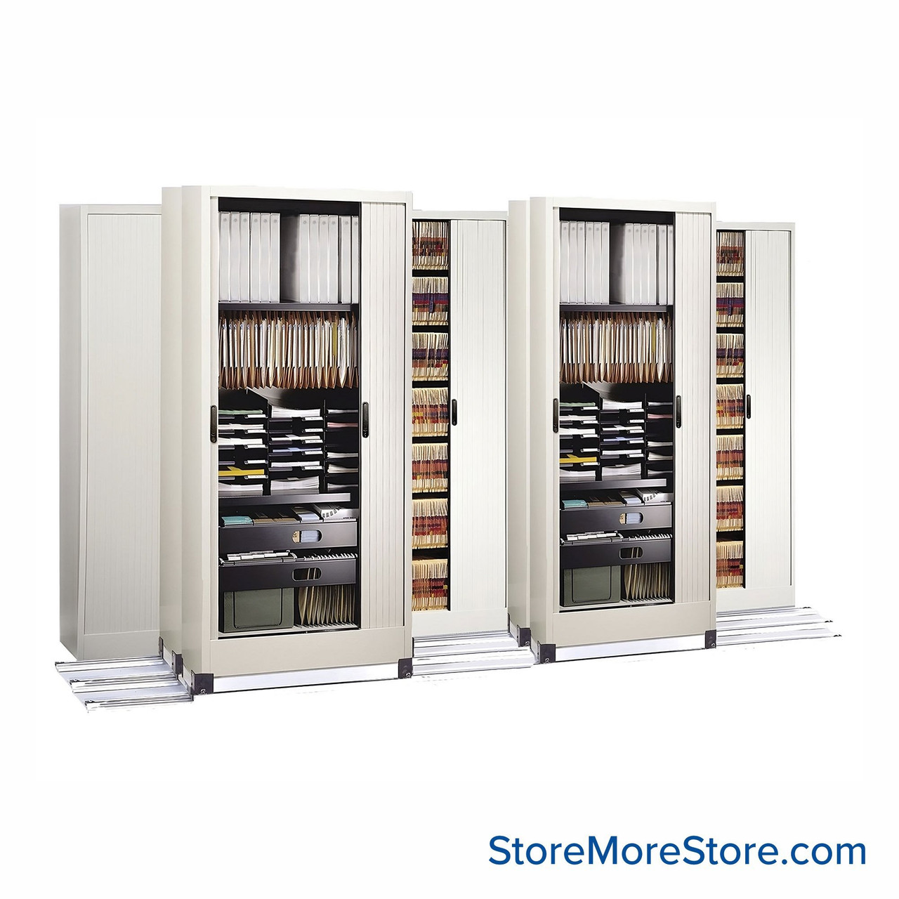 Cabinets on Tracks, 116" W x 59.25" D, 2 Moveable Rows