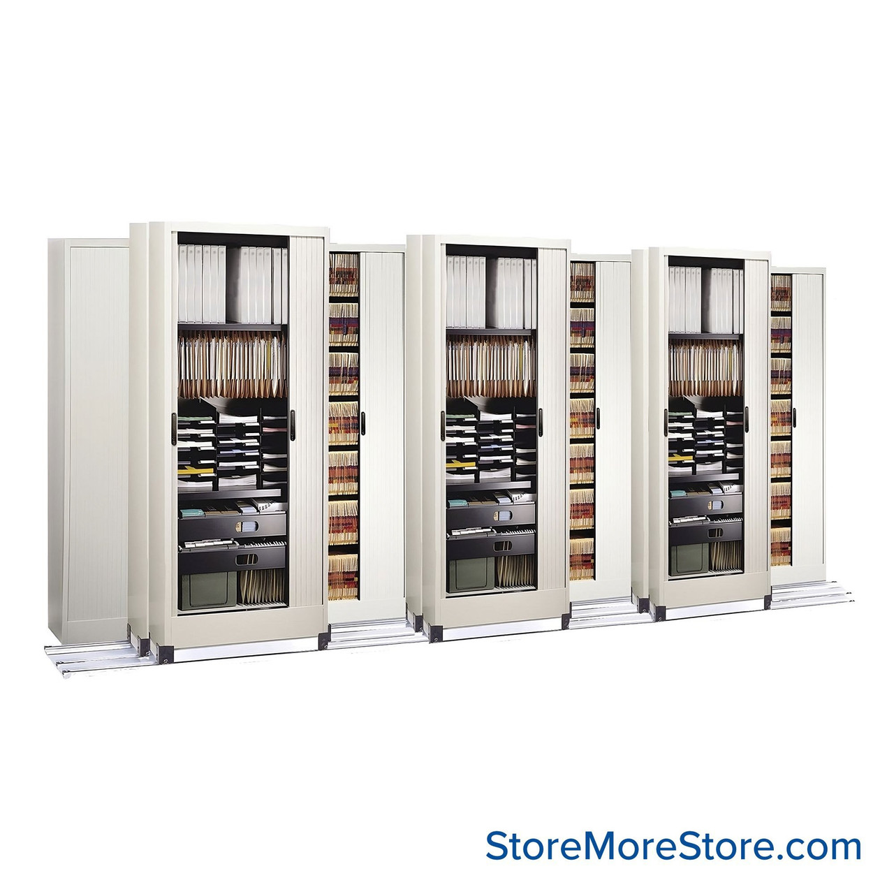 Cabinets on Tracks, 198" W x 59.25" D, 2 Moveable Rows