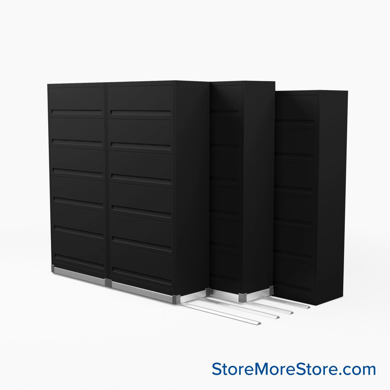 Flipper Door Cabinets on Tracks, 116" W x 56" D x 78" H, 3 Stationary Cabinets, 2 Moveable Rows