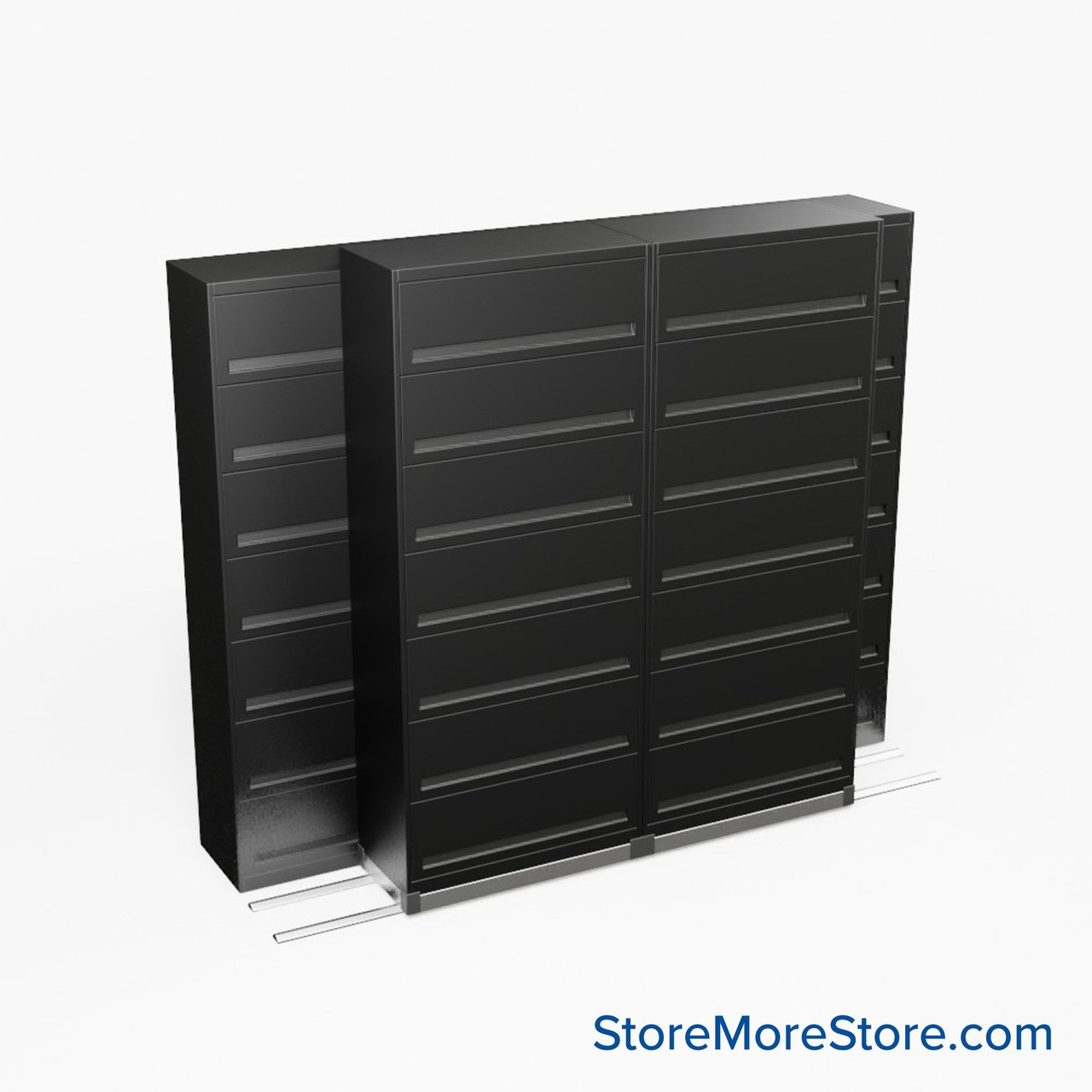 Flipper Door Cabinets on Tracks, 116" W x 36" D x 89.75" H, 3 Stationary Cabinets, 1 Moveable Row