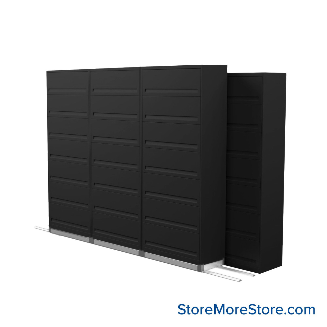 Flipper Door Cabinets on Tracks, 156" W x 36" D x 89.75" H, 4 Stationary Cabinets, 1 Moveable Row
