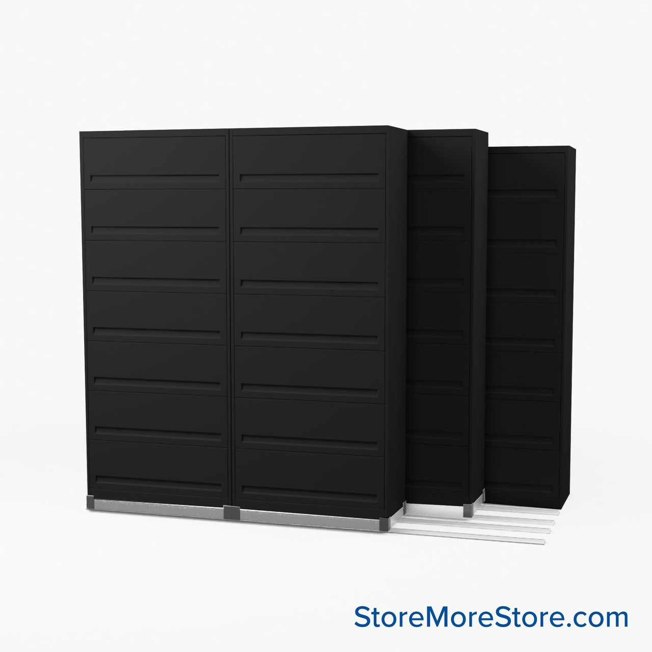 Flipper Door Cabinets on Tracks, 116" W x 56" D x 89.75" H, 3 Stationary Cabinets, 2 Moveable Rows