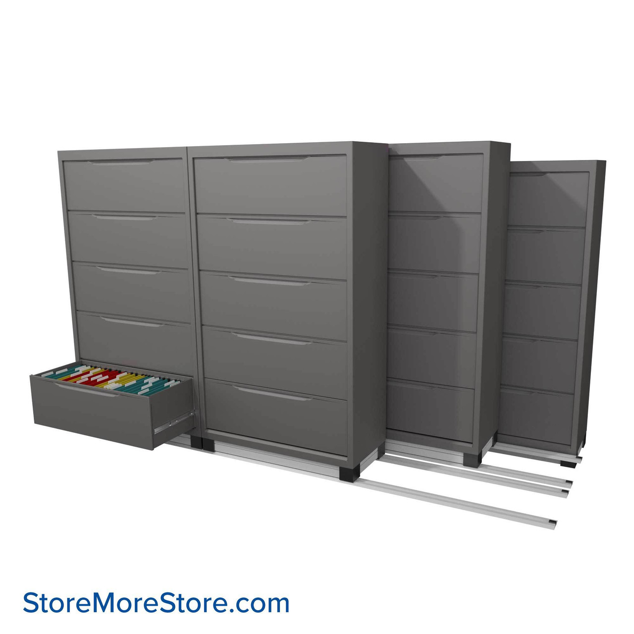 Filing Cabinets on Tracks, 116" W x 61.5" D, 3 Back Row Cabinets, 2 Moveable Rows