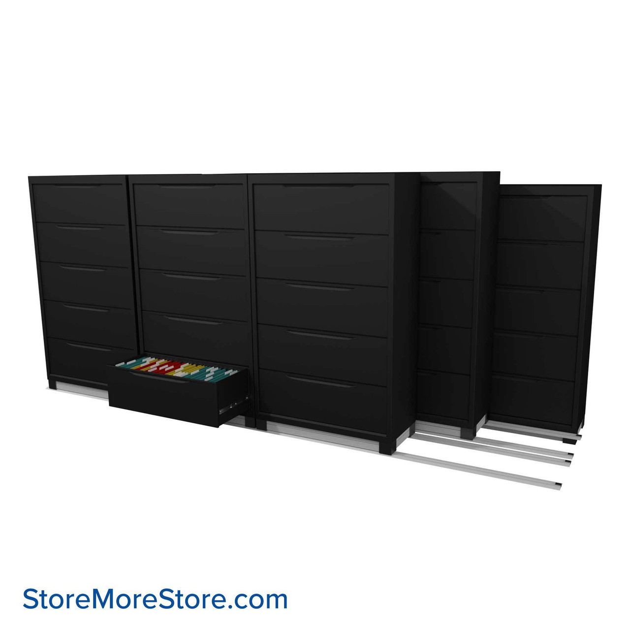 Filing Cabinets on Tracks, 156" W x 61.5" D, 4 Back Row Cabinets, 2 Moveable Rows