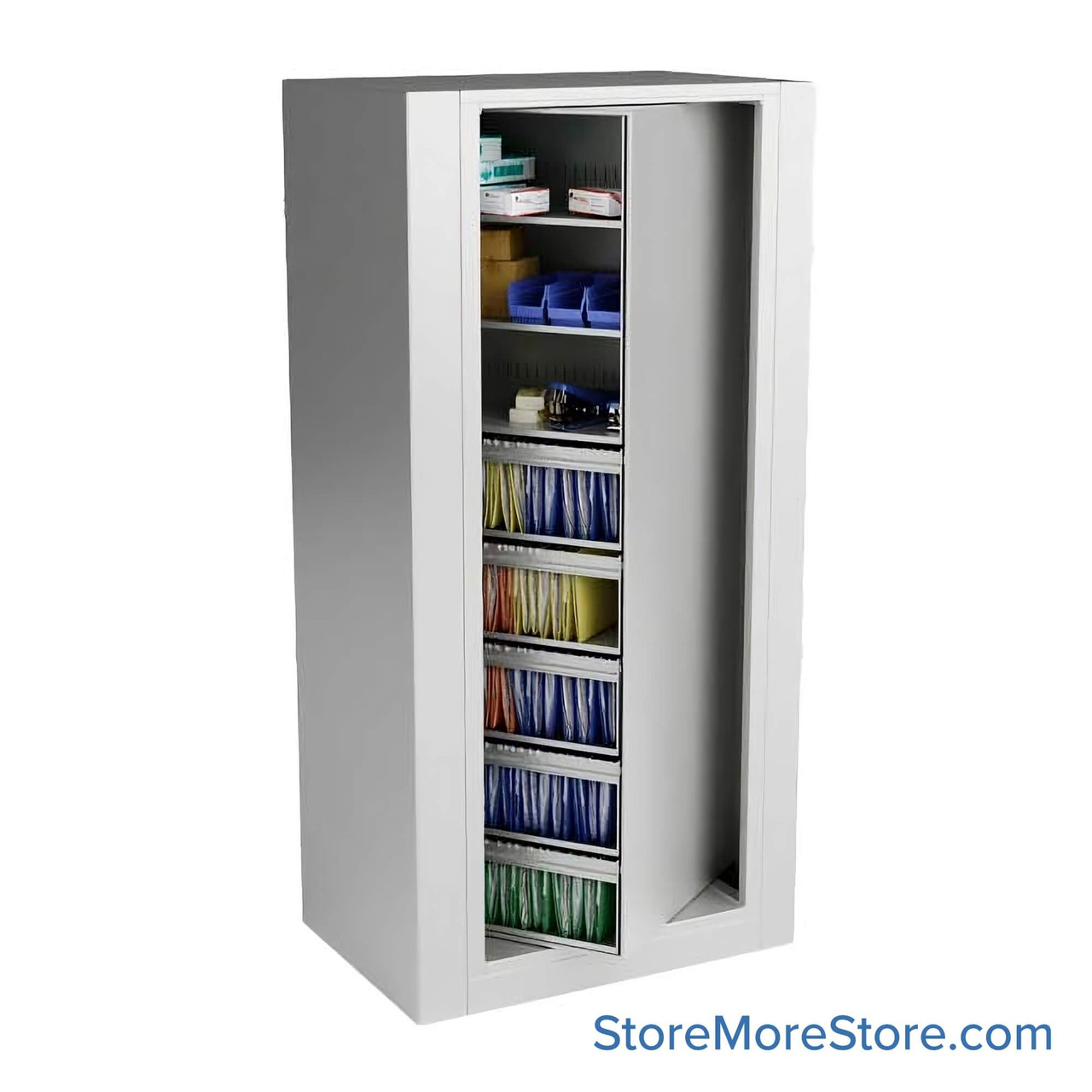 Rotary File Cabinet, 45.5" W x 31" D x 93" H, Starter Unit, Roll-Outs & Shelves