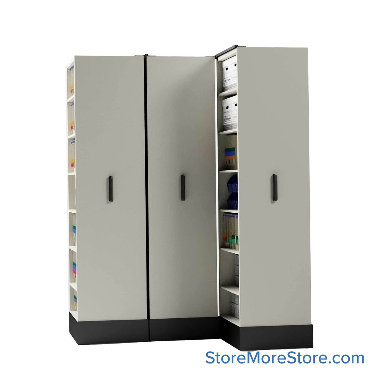 Retractable Shelving Systems, 58.5" W x 43" D x 82" H, 3 Pull-Out Units, 36" Shelf Width, 18" Shelf Depth