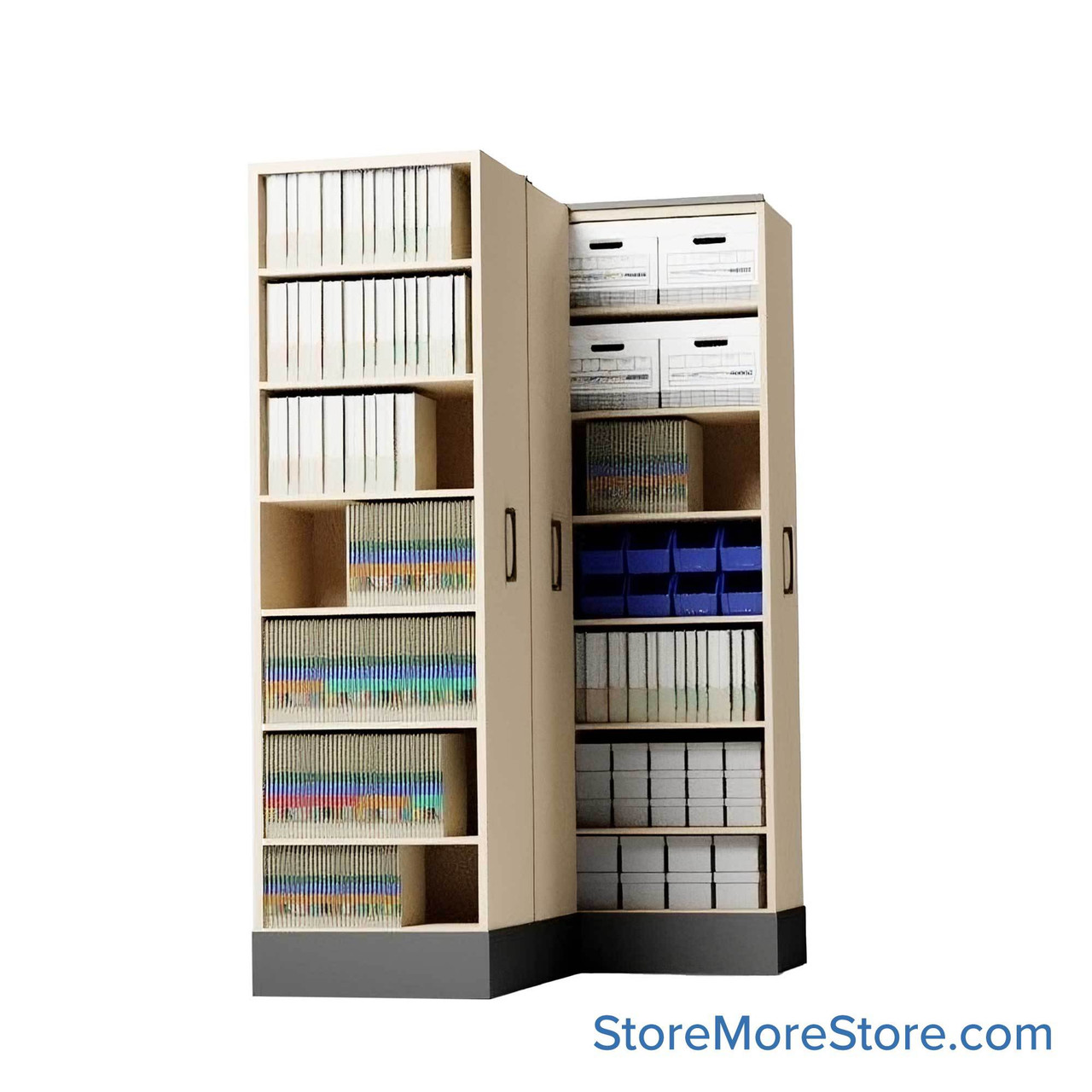 Retractable Shelving Systems, 58.5" W x 43" D x 91" H, 3 Pull-Out Units, 36" Shelf Width, 18" Shelf Depth