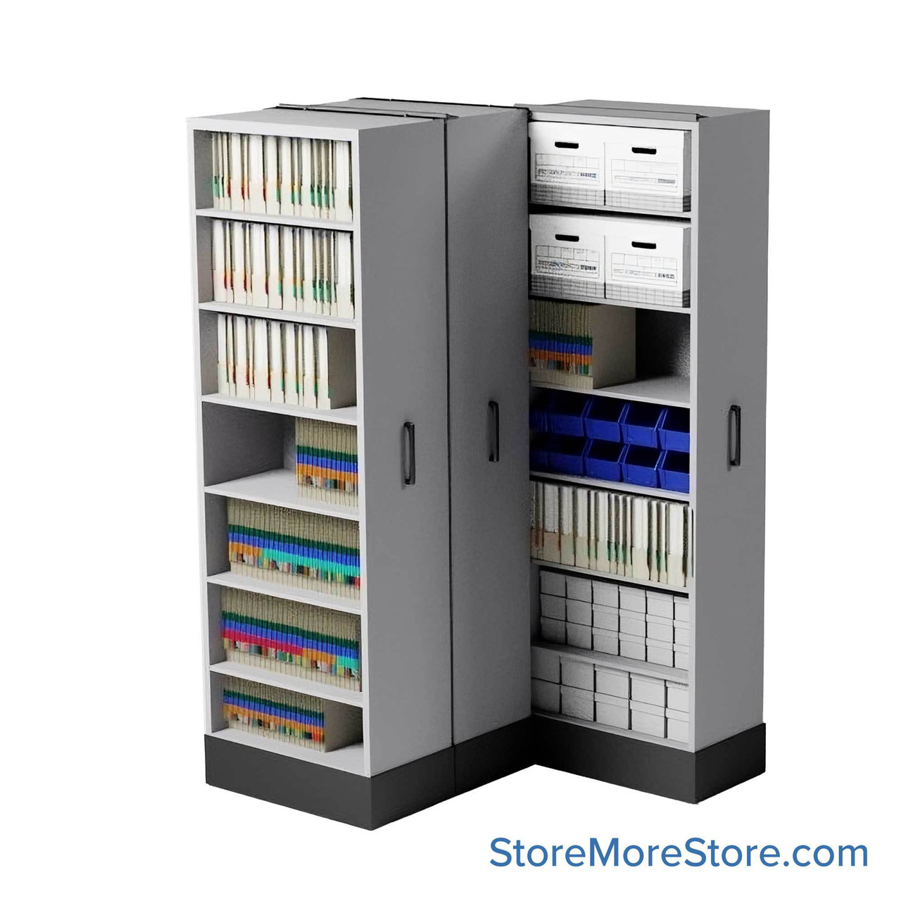 Retractable Shelving Systems, 49.5" W x 37" D x 82" H, 3 Pull-Out Units, 30" Shelf Width, 15" Shelf Depth