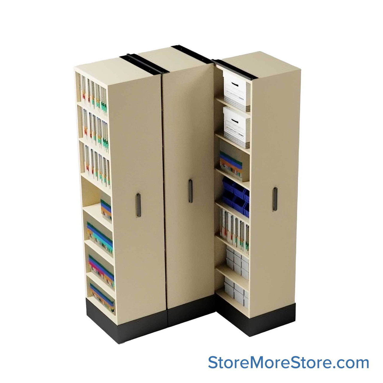 Retractable Shelving Systems, 49.5" W x 37" D x 91" H, 3 Pull-Out Units, 30" Shelf Width, 15" Shelf Depth