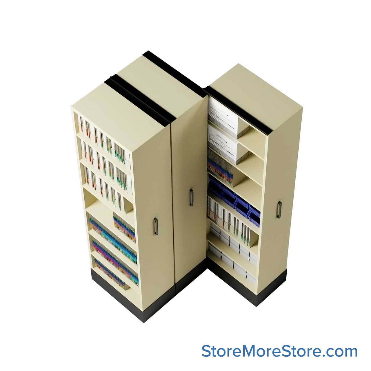 Retractable Shelving Systems, 40.5" W x 43" D x 91" H, 3 Pull-Out Units, 36" Shelf Width, 12" Shelf Depth