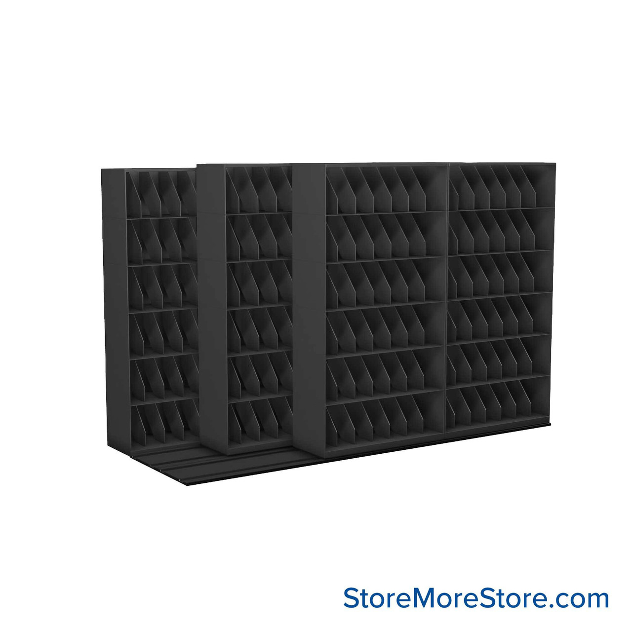 Mobile File Rack, 148" W x 60.75" D x 99.5" H, Fixed Dividers, 48" Shelf Width