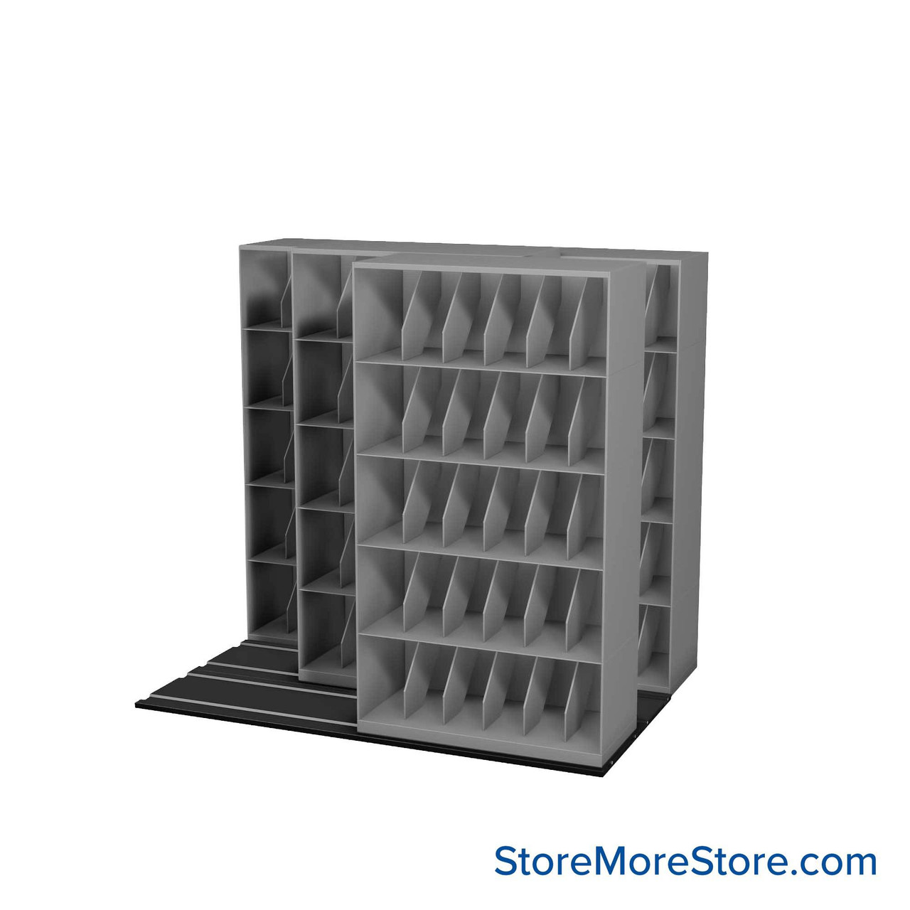 Mobile File Rack, 94.75" W x 60.75" D x 88" H, Fixed Dividers, 42" Shelf Width