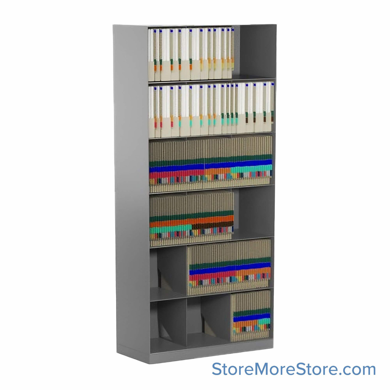 Slanted shelving, 30.75" W x 10" D x 64.25" H, 6 Levels, Letter Storage