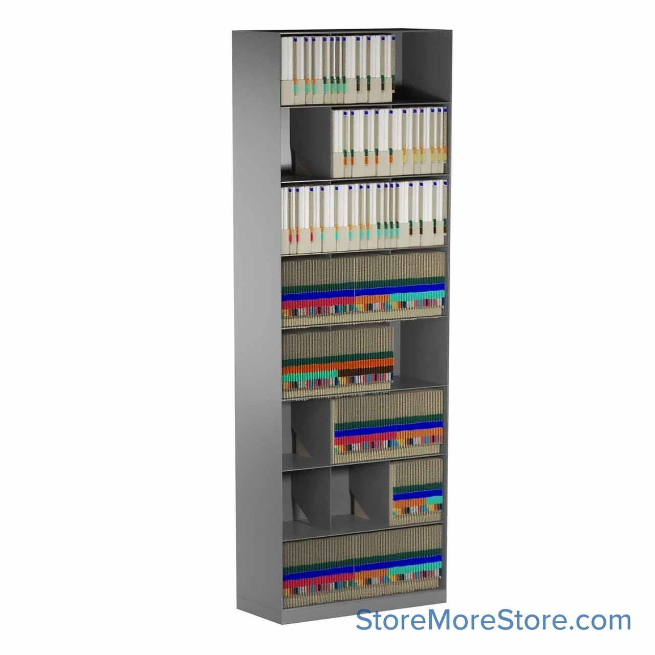 Slanted shelving, 30.75" W x 10" D x 85" H, 8 Levels, Letter Storage