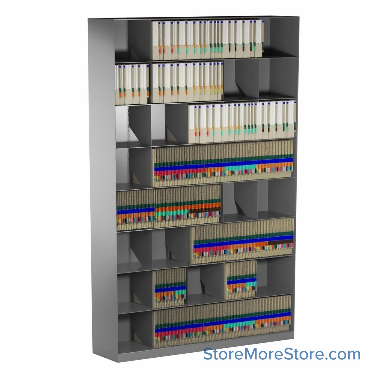 Slanted shelving, 54.75" W x 10" D x 85" H, 8 Levels, Letter Storage