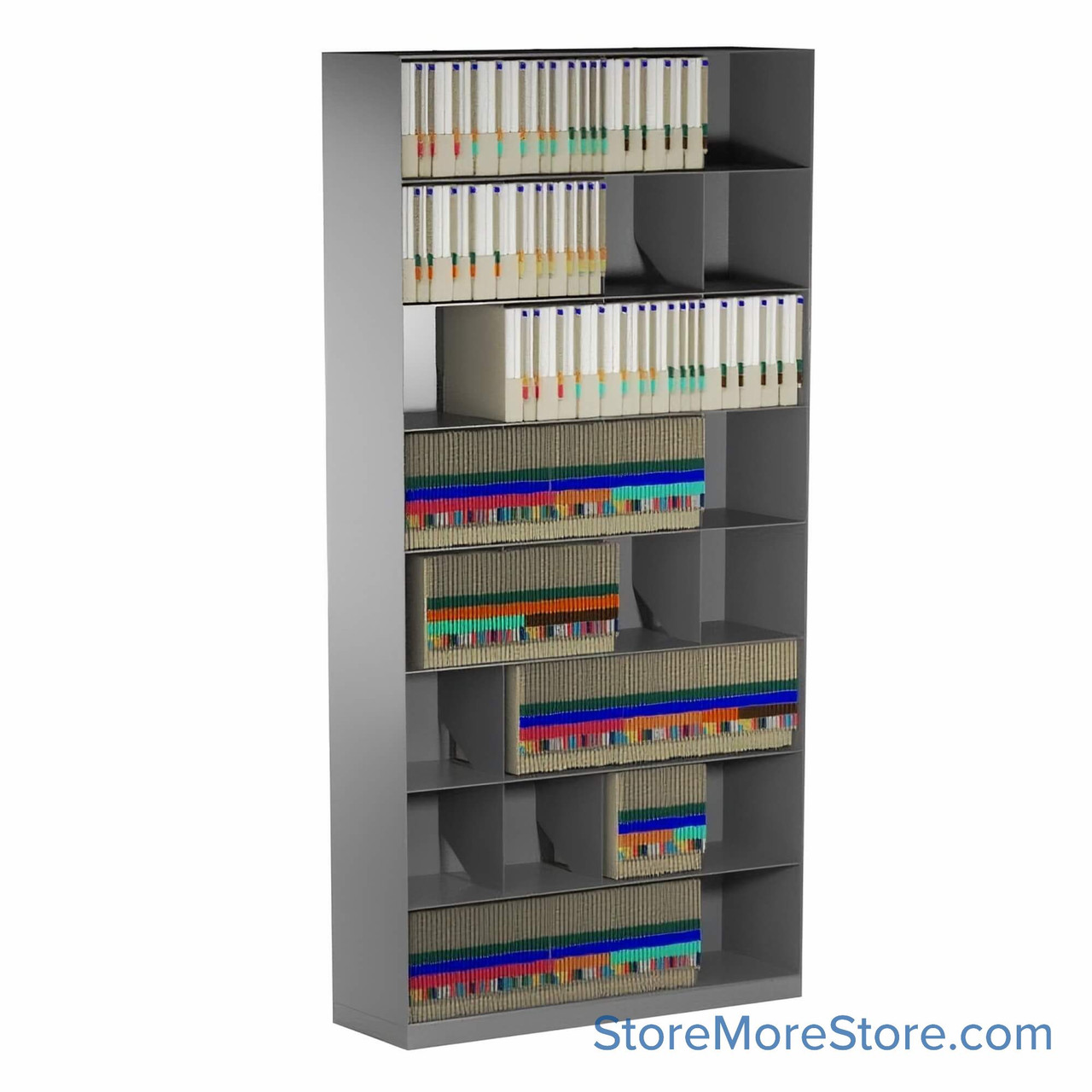 Slanted shelving, 42.75" W x 10" D x 85" H, 8 Levels, Letter Storage