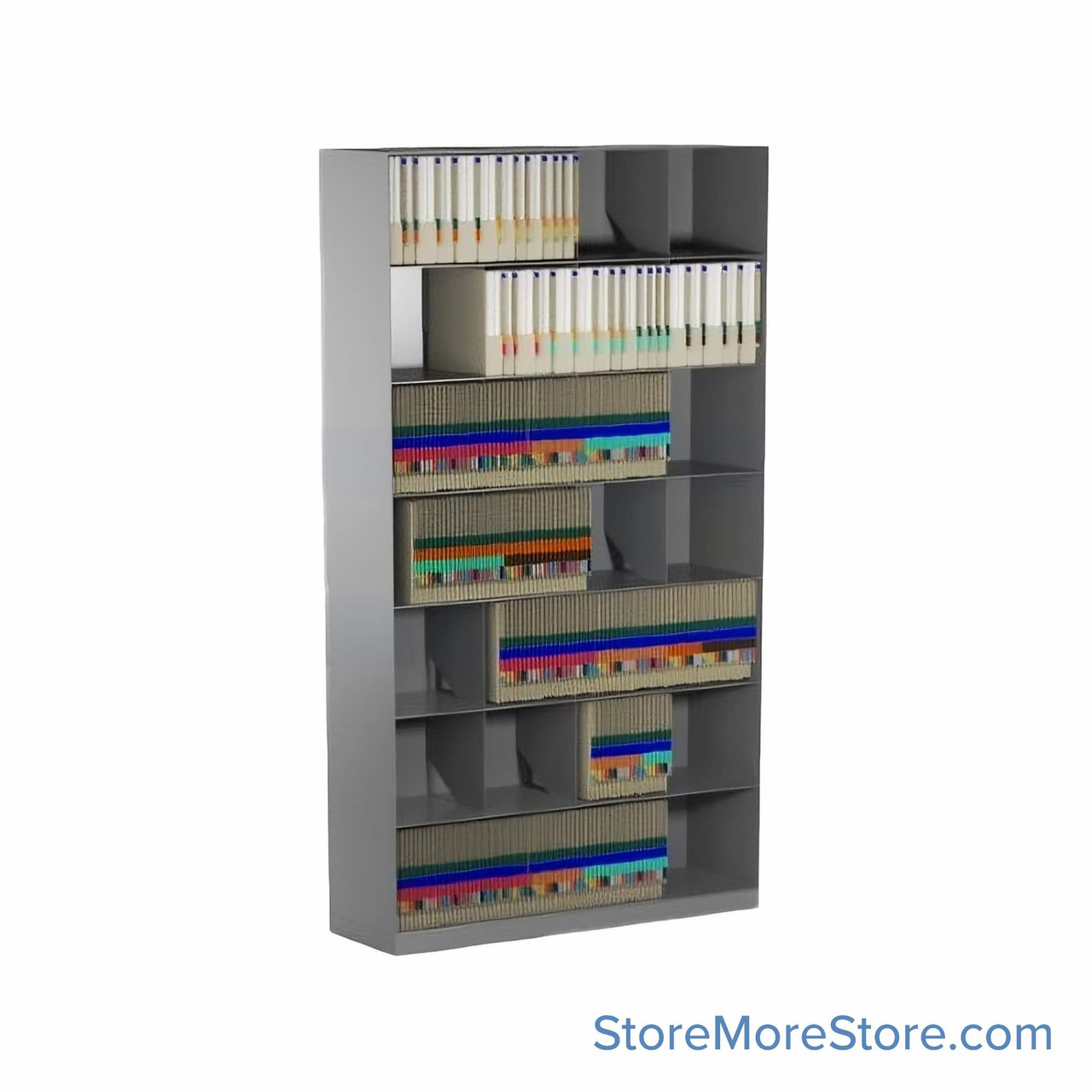 Slanted shelving, 44.5" W x 14" D x 77.25" H, 7 Levels, Legal Storage