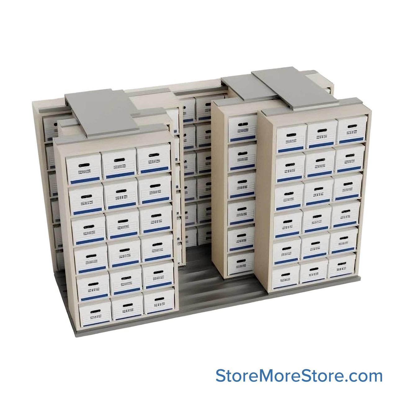 Sliding Box Shelving Storage Systems, 130" W x 71.5" D x 81.75" H, 3 Stationary Rows, 42" Shelf Width, 3 Moveable Rows