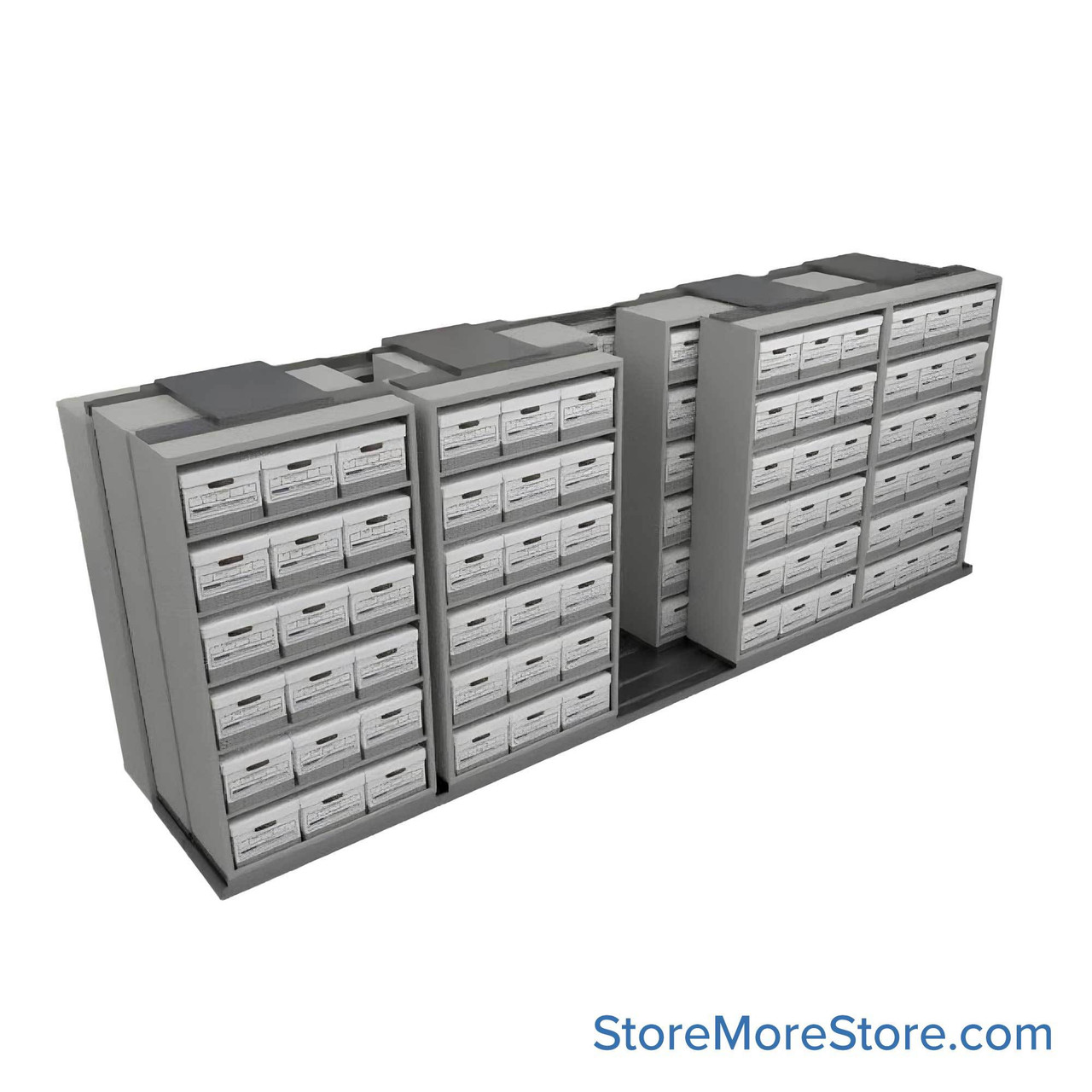 Sliding Box Shelving Storage Systems, 214" W x 53" D x 81.75" H, 5 Stationary Rows, 42" Shelf Width, 2 Moveable Rows